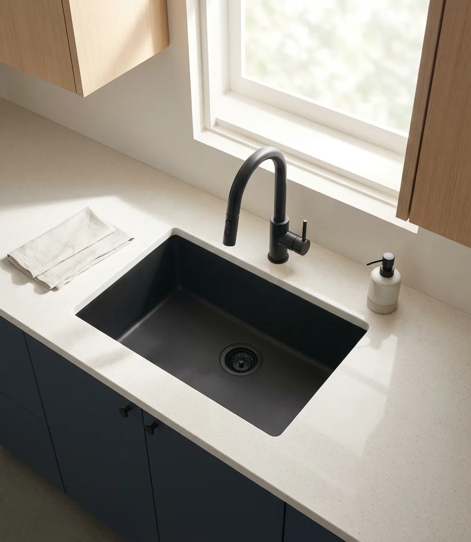 Black Kitchen Sink in a Matte Two-Tone Kitchen 2