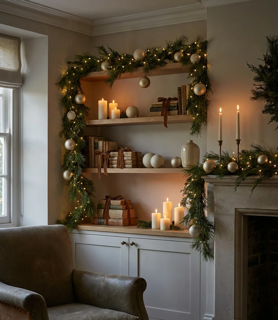 Christmas Decor on Living Room Shelves 1