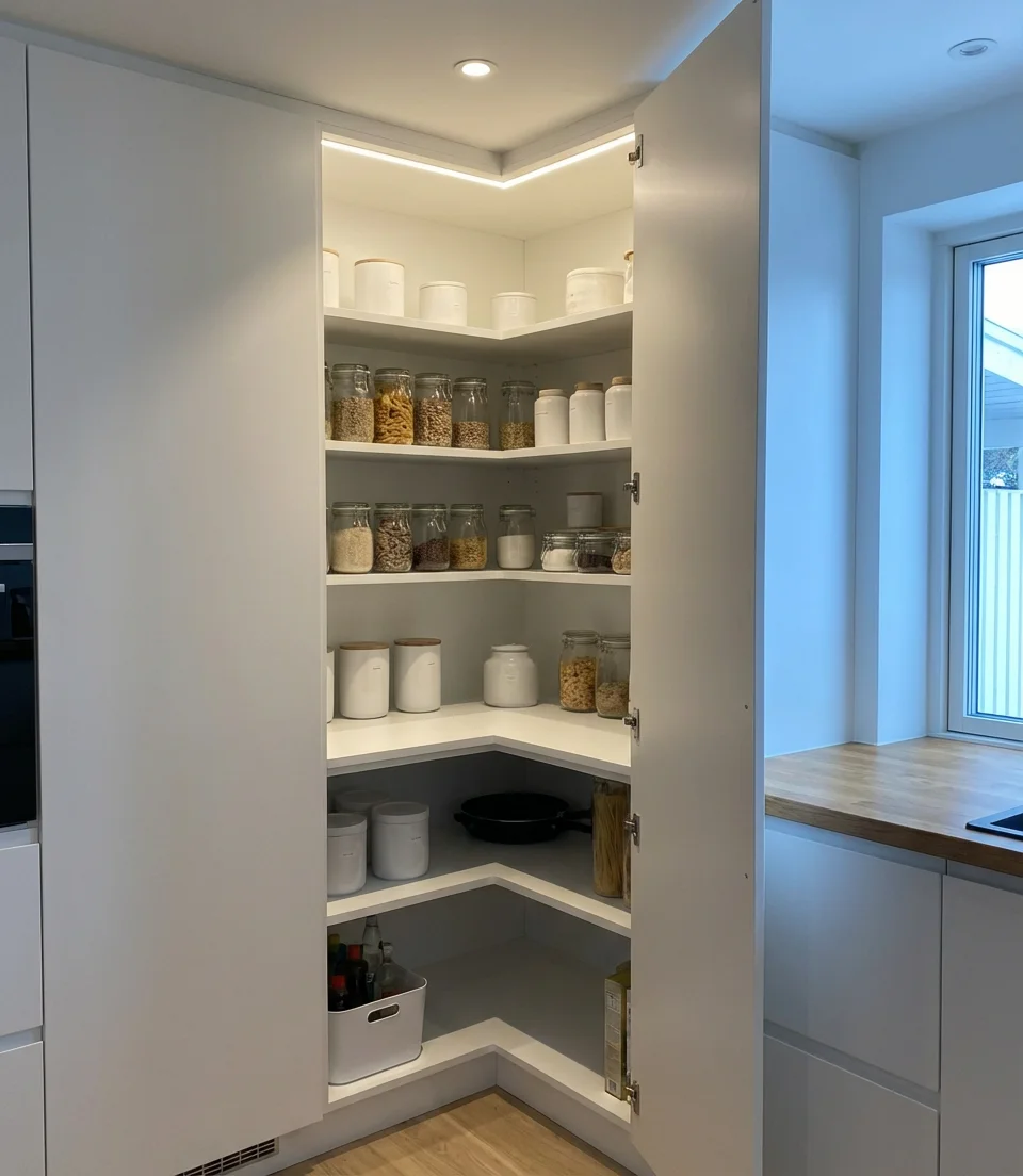 Corner Pantry Design for a White Modern Kitchen 2