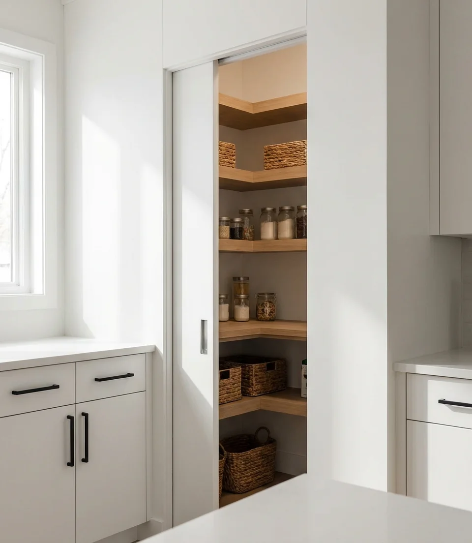 Corner Pantry in Kitchen With a Pocket Door 1