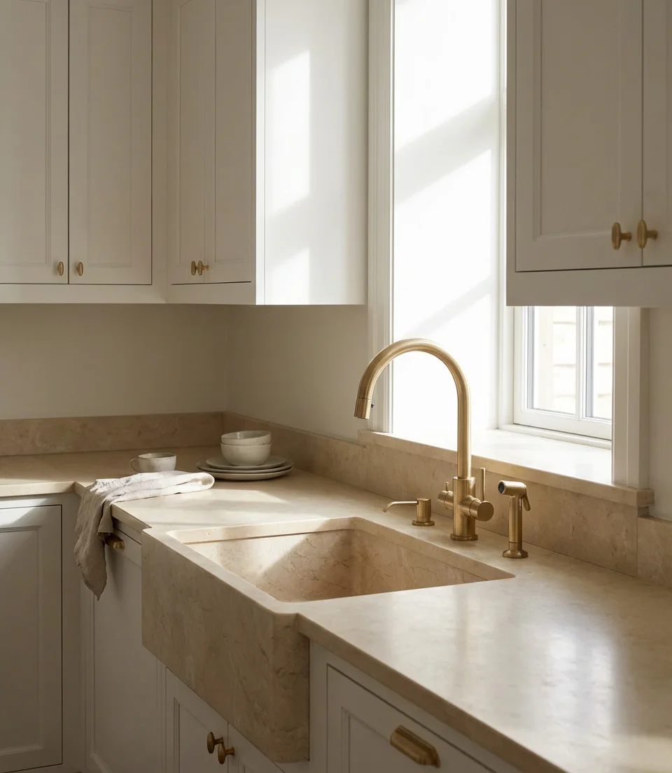 Gold Faucet Pairing with a Neutral Stone Sink 1