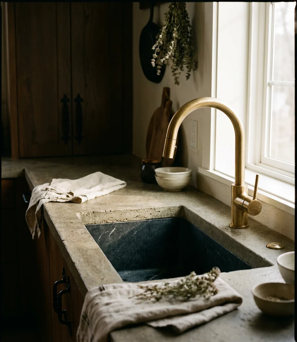 Gold Faucet Pairing with a Neutral Stone Sink 2