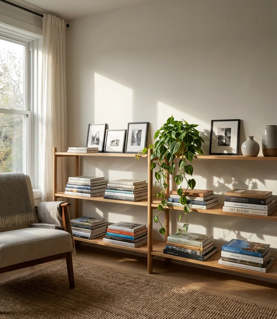 Open Shelves Styled with Books and Art 1