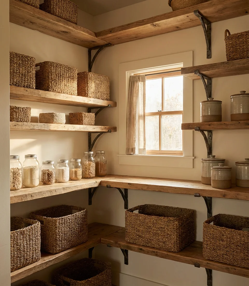 Shelves and Baskets in a Rustic Corner Pantry 1