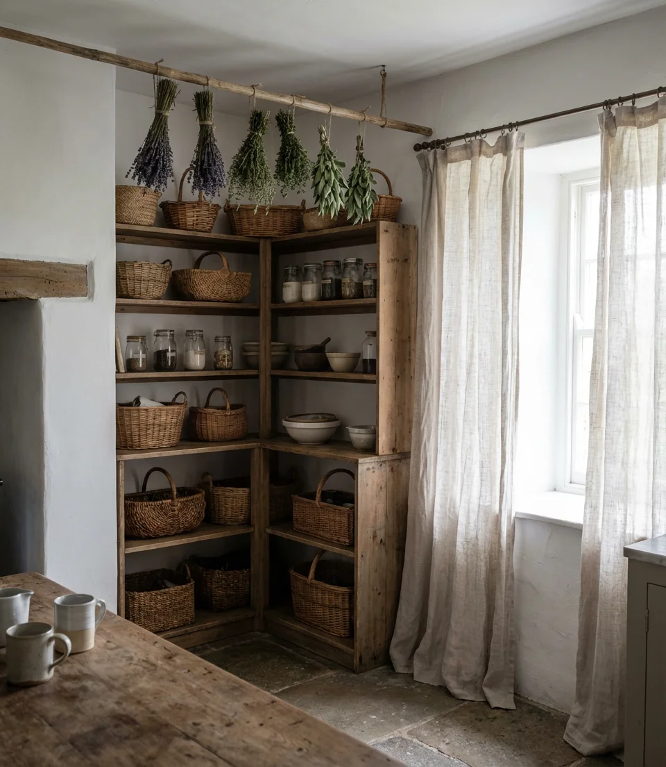Shelves and Baskets in a Rustic Corner Pantry 2