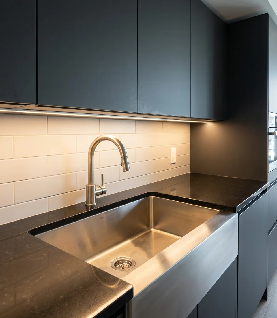 Stainless Steel Sink in a Sleek Professional Kitchen 1