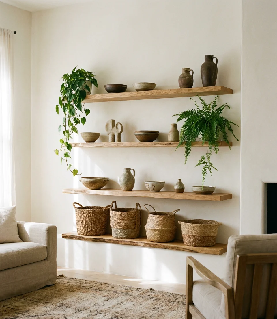 Warm Wood Shelves in a Neutral Living Room 1