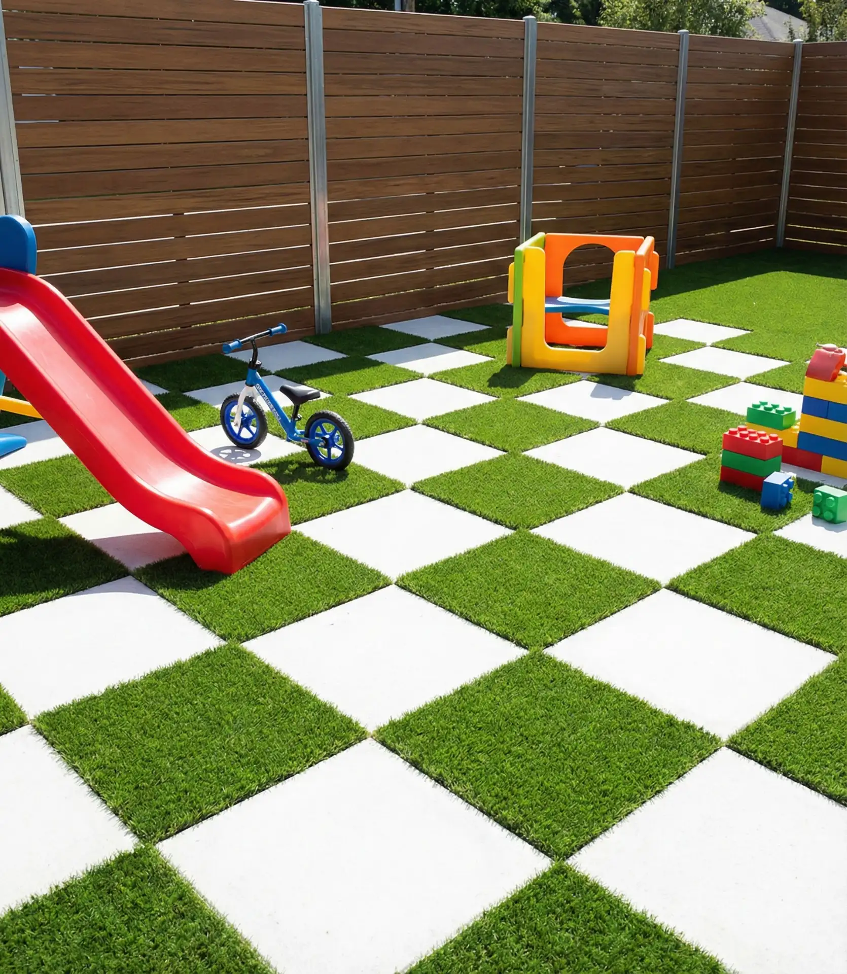 Checkerboard Paver Patio with Artificial Turf Squares 1