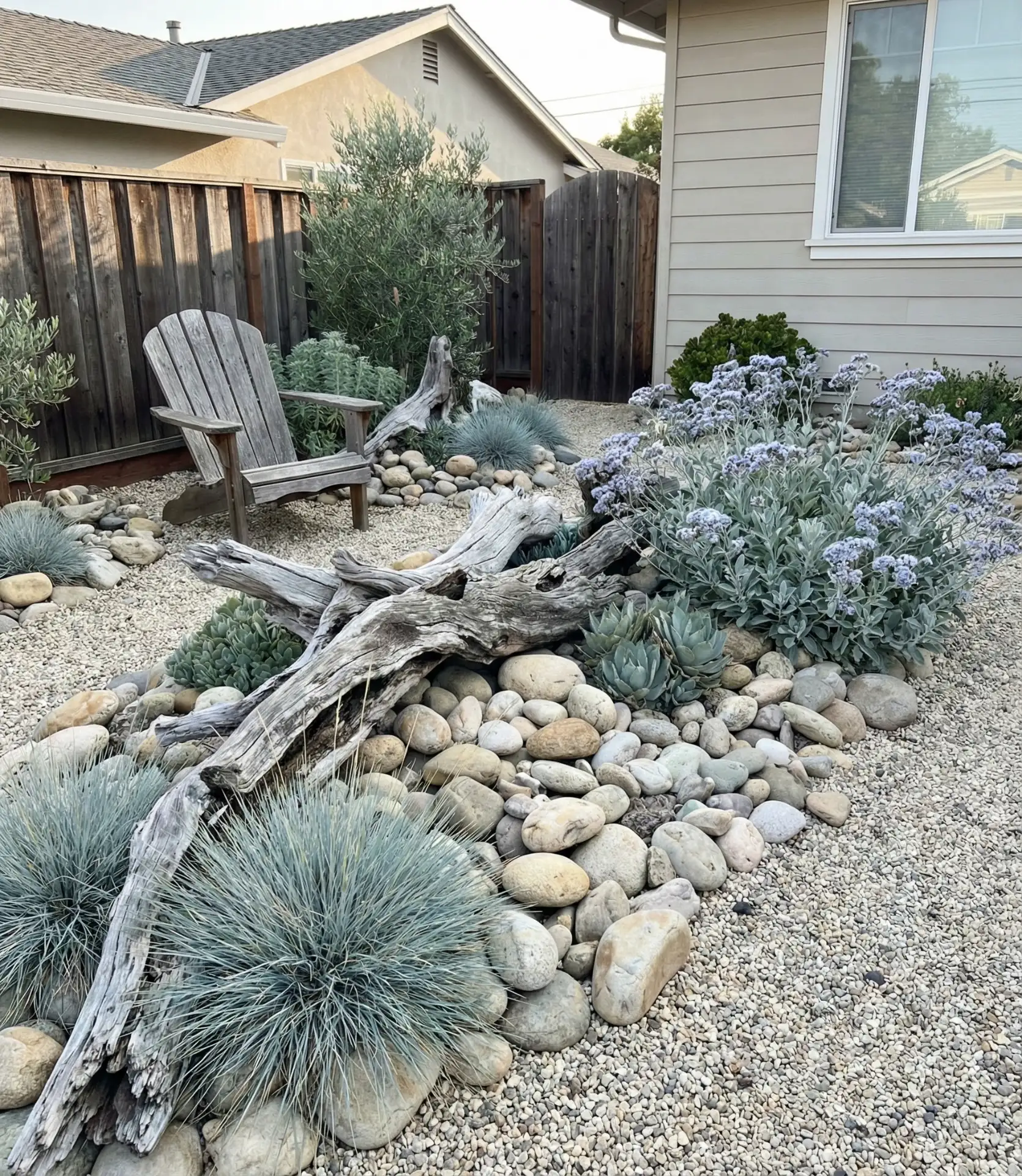 Coastal-Style Rock Garden with Driftwood 1