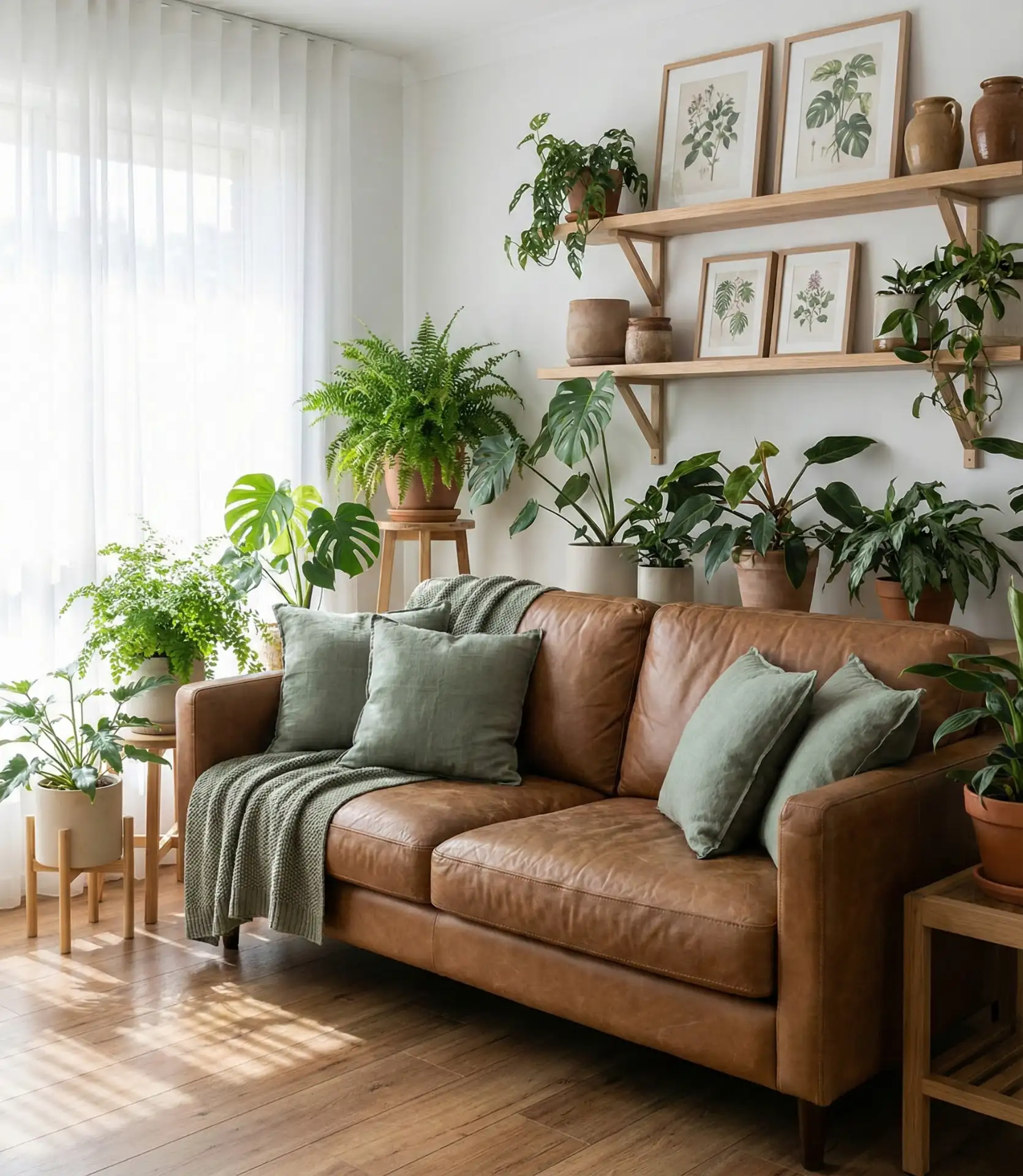 Coffee Brown Couch with Green Botanical Accents 1