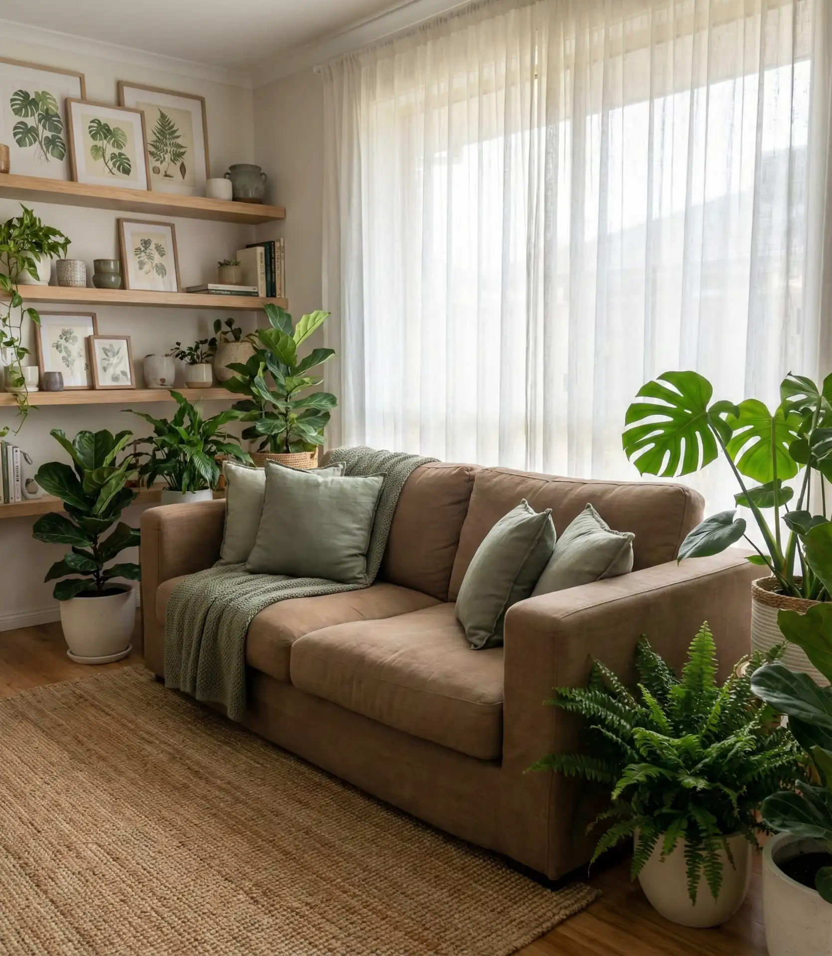 Coffee Brown Couch with Green Botanical Accents 2