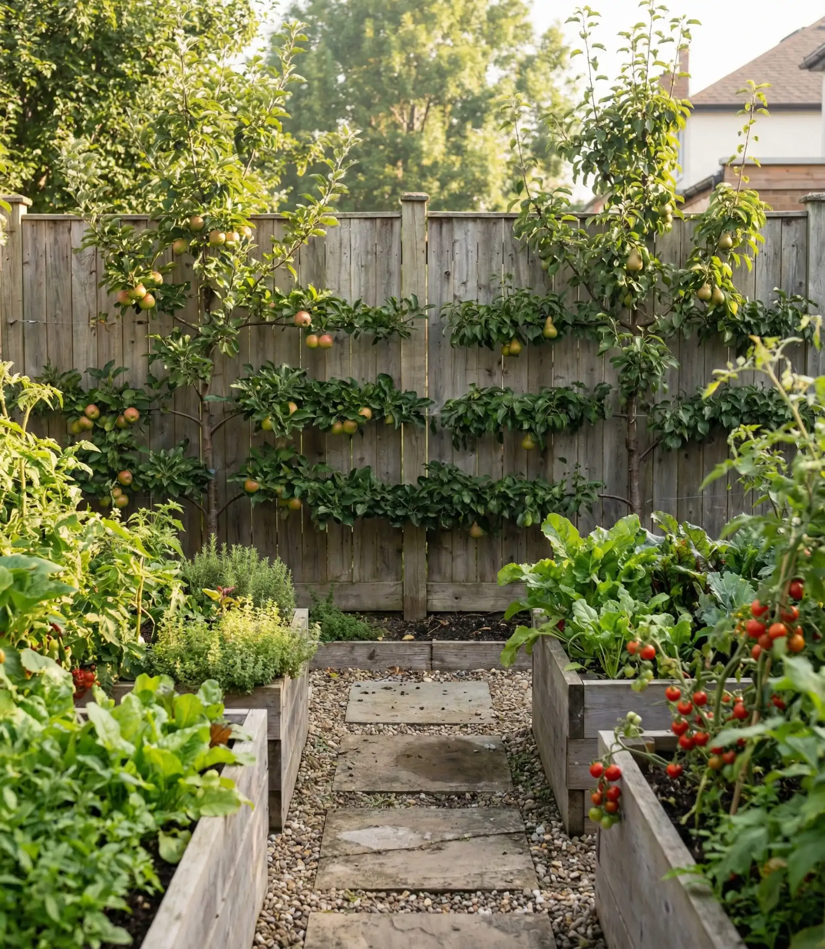 Compact Vegetable Garden with Espalier Fruit Trees 1