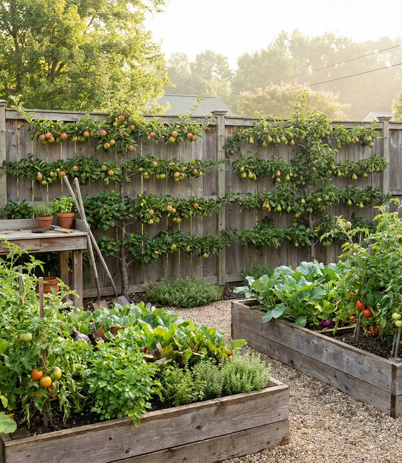 Compact Vegetable Garden with Espalier Fruit Trees 2