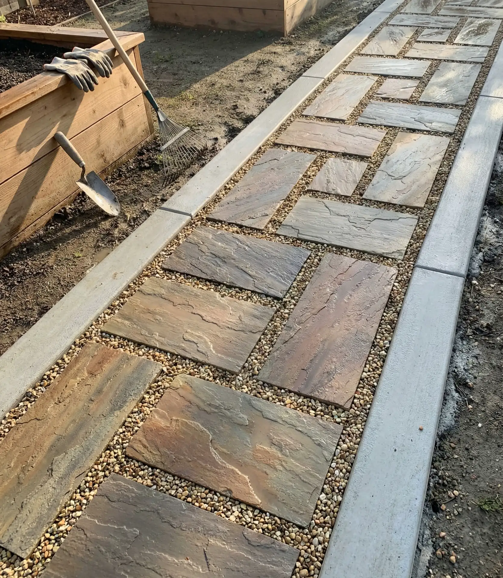 DIY Paver Patio with Gravel and Cement Borders 1