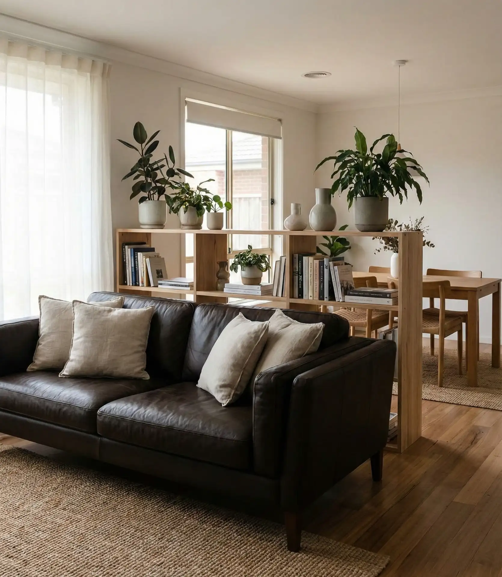 Dark Brown Couch Behind Open Shelving 1