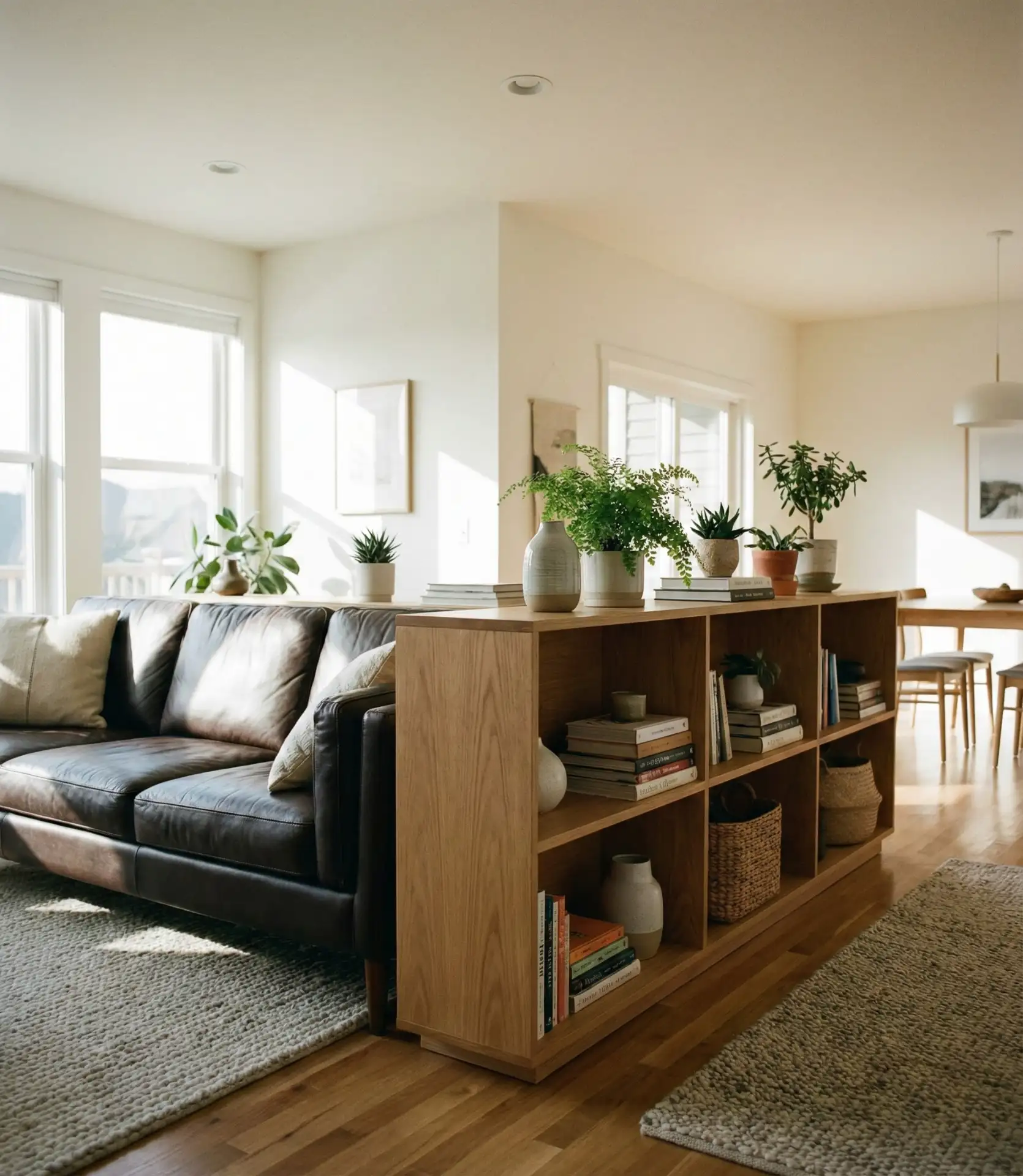 Dark Brown Couch Behind Open Shelving 2