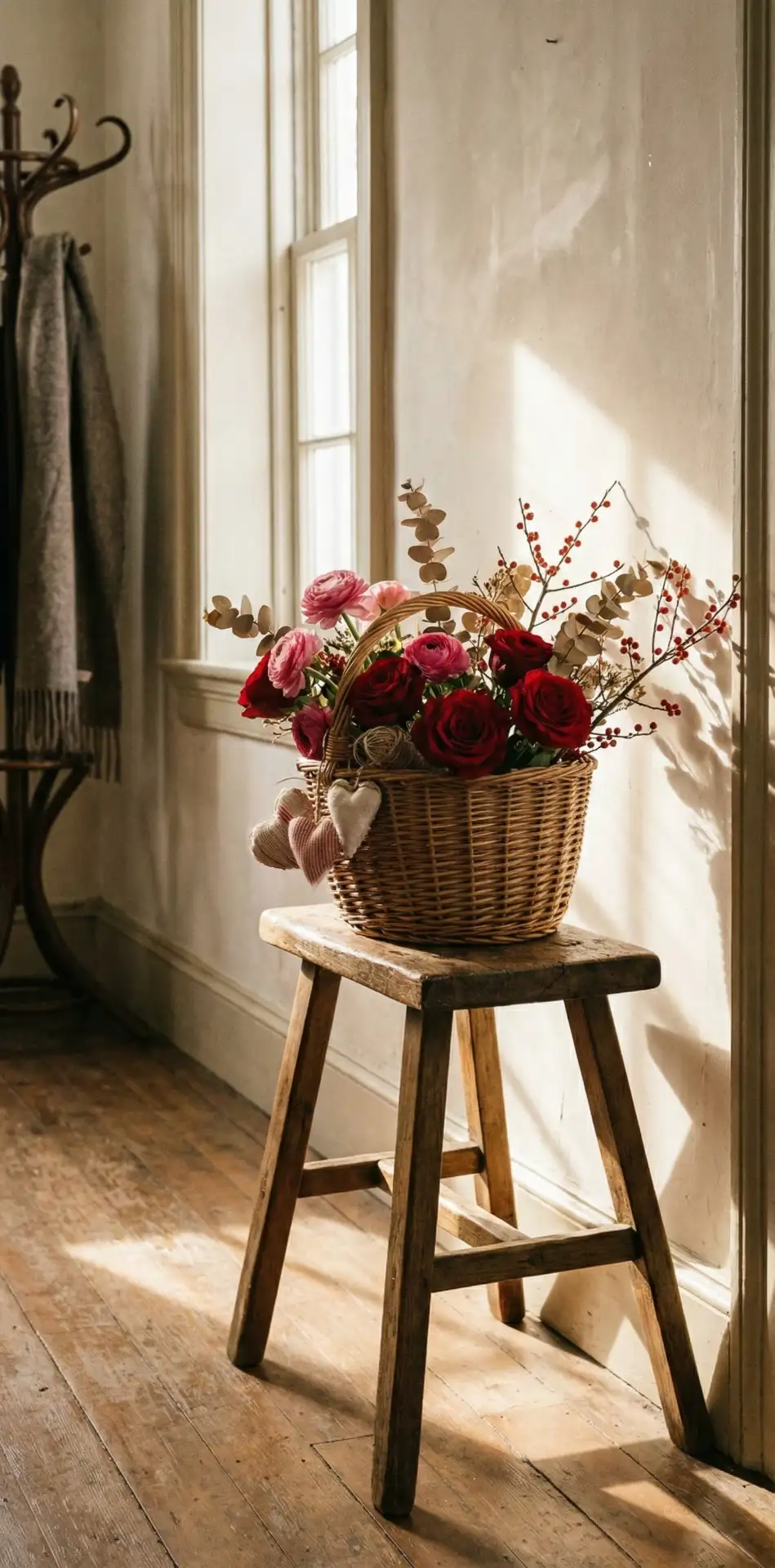 Farmhouse Valentine Floral Basket on Entry Stool 1