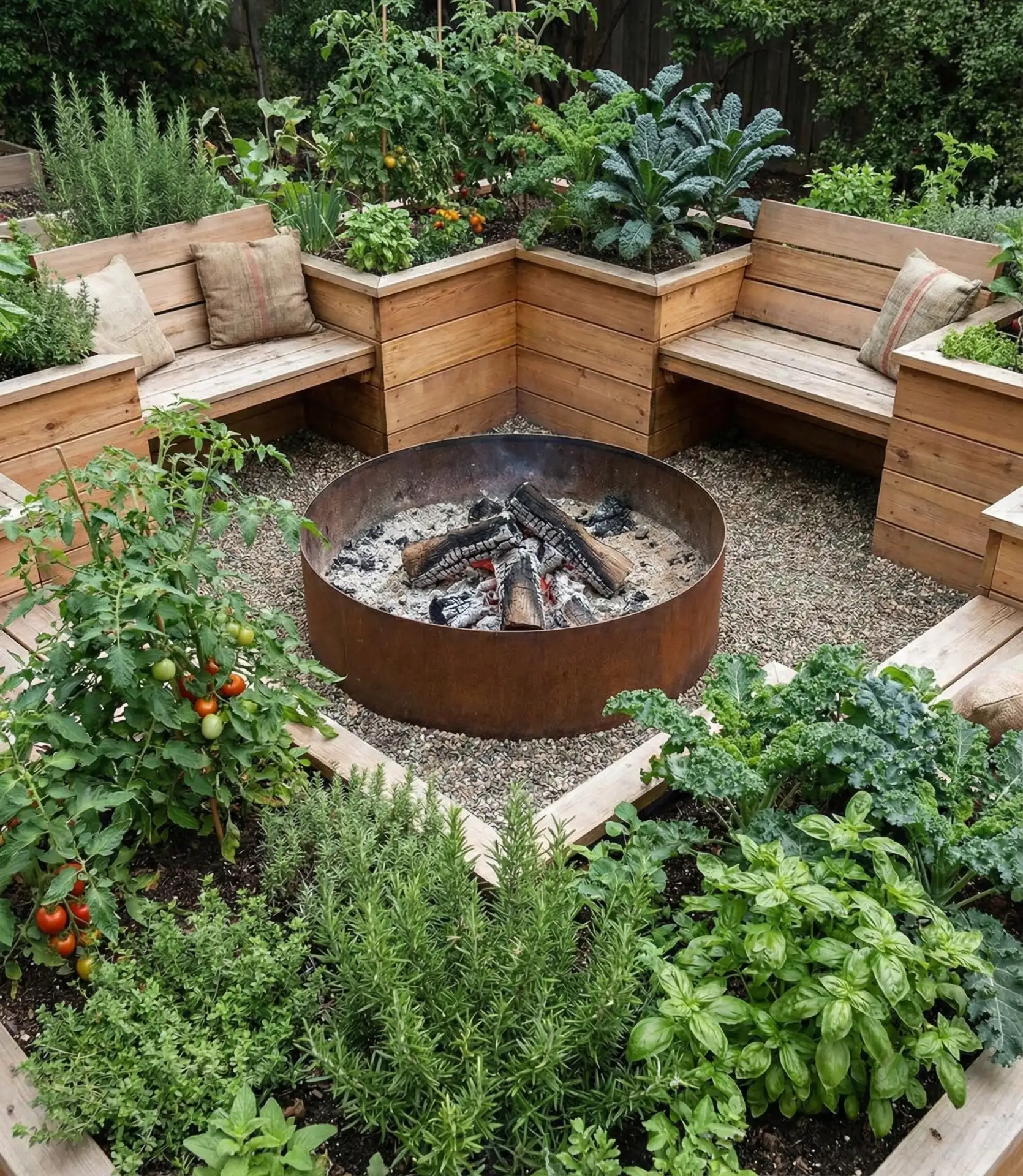 Fire Pit Surrounded by Raised Garden Beds 1