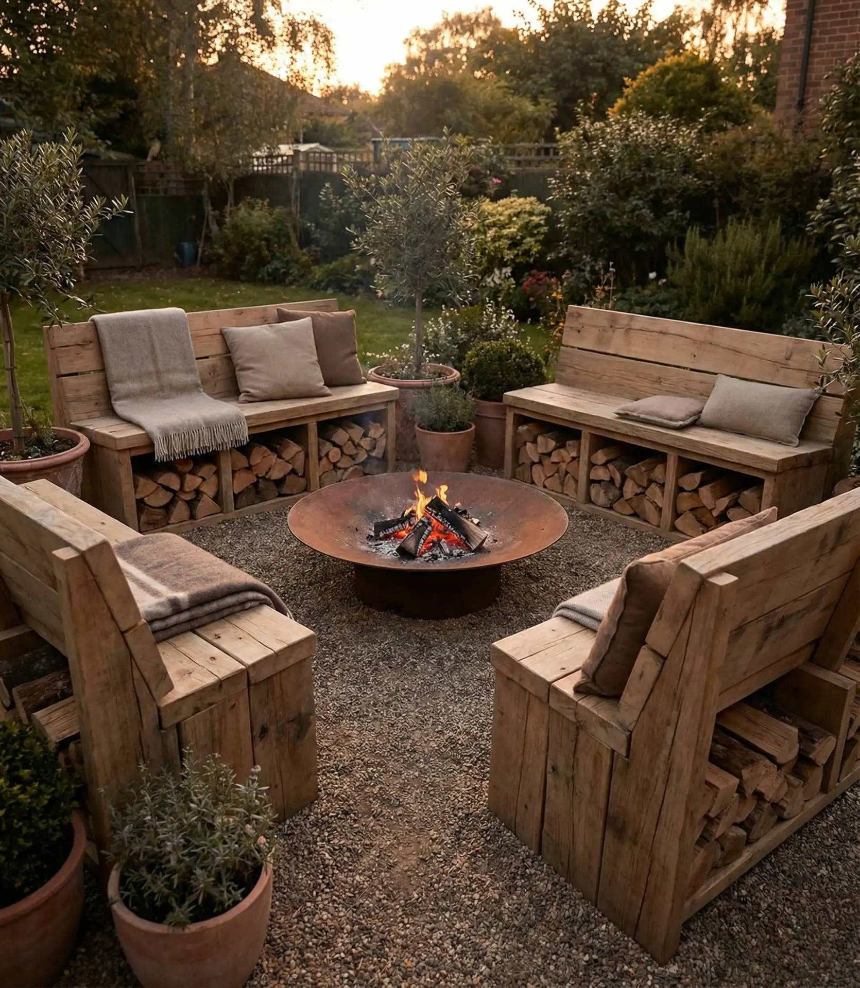 Fire Pit with Built-In Wood Storage Benches 1