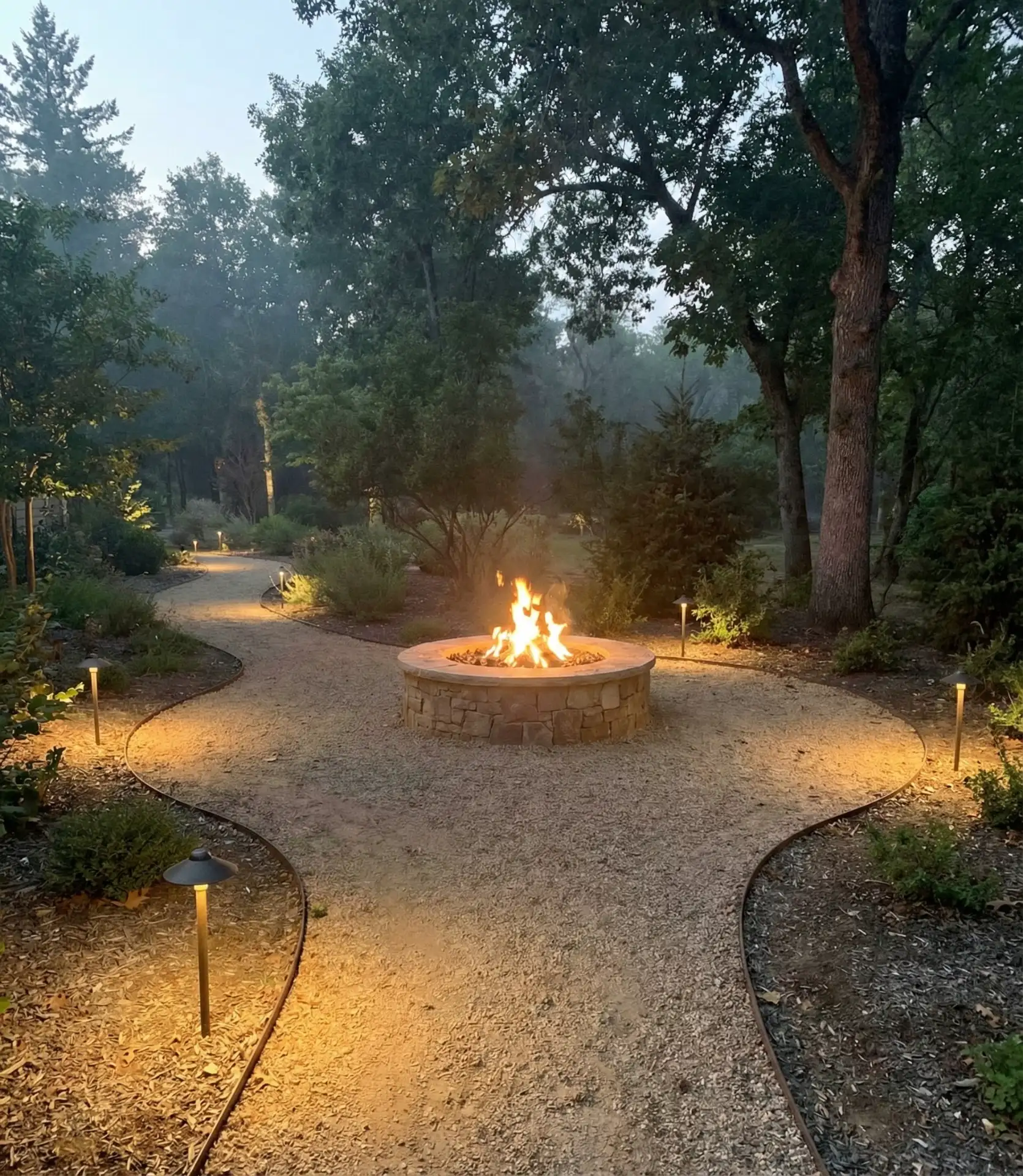 Fire Pit with Gravel Pathways and Landscape Lighting 1