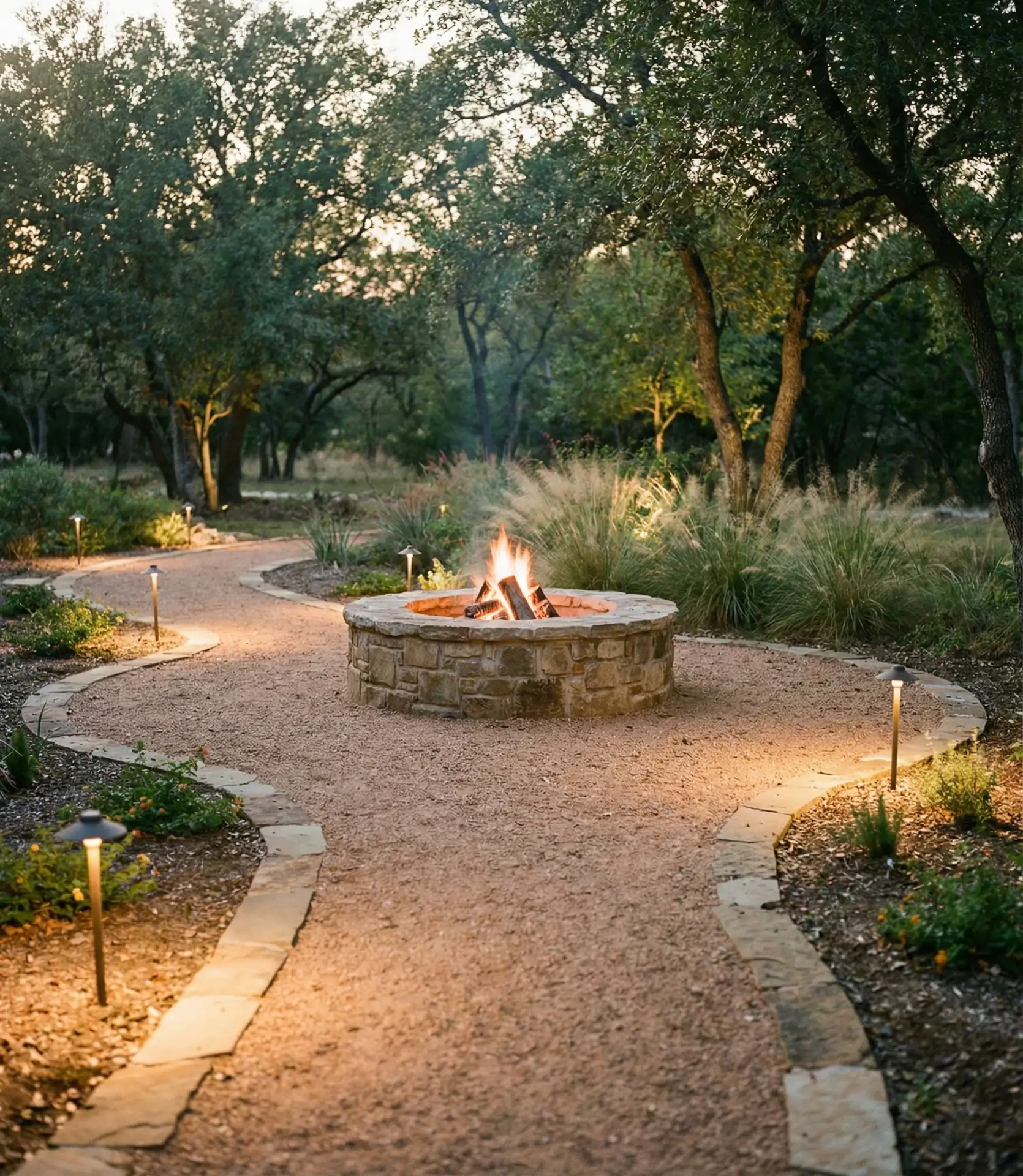 Fire Pit with Gravel Pathways and Landscape Lighting 2