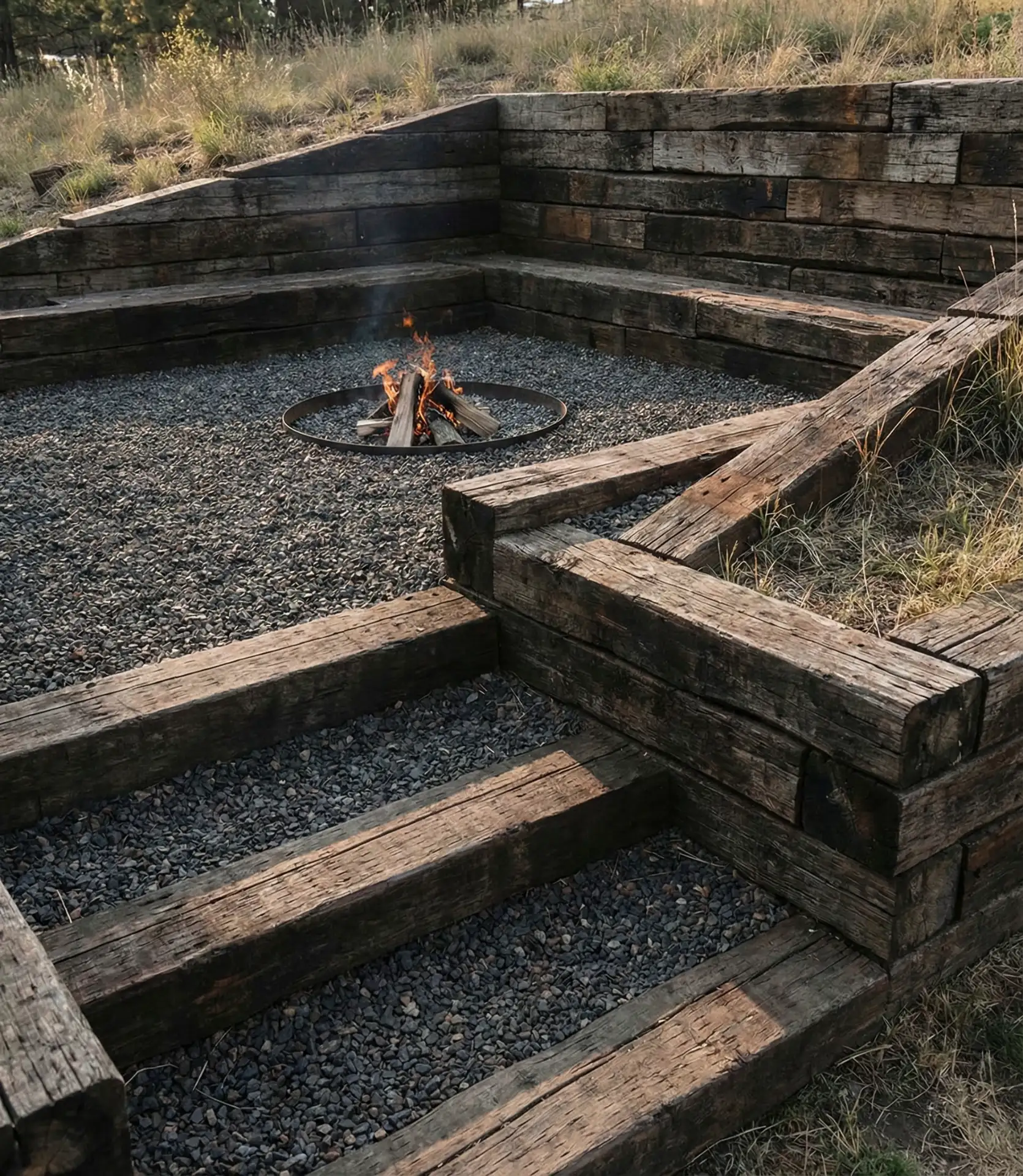 Fire Pit with Reclaimed Railroad Tie Borders 1