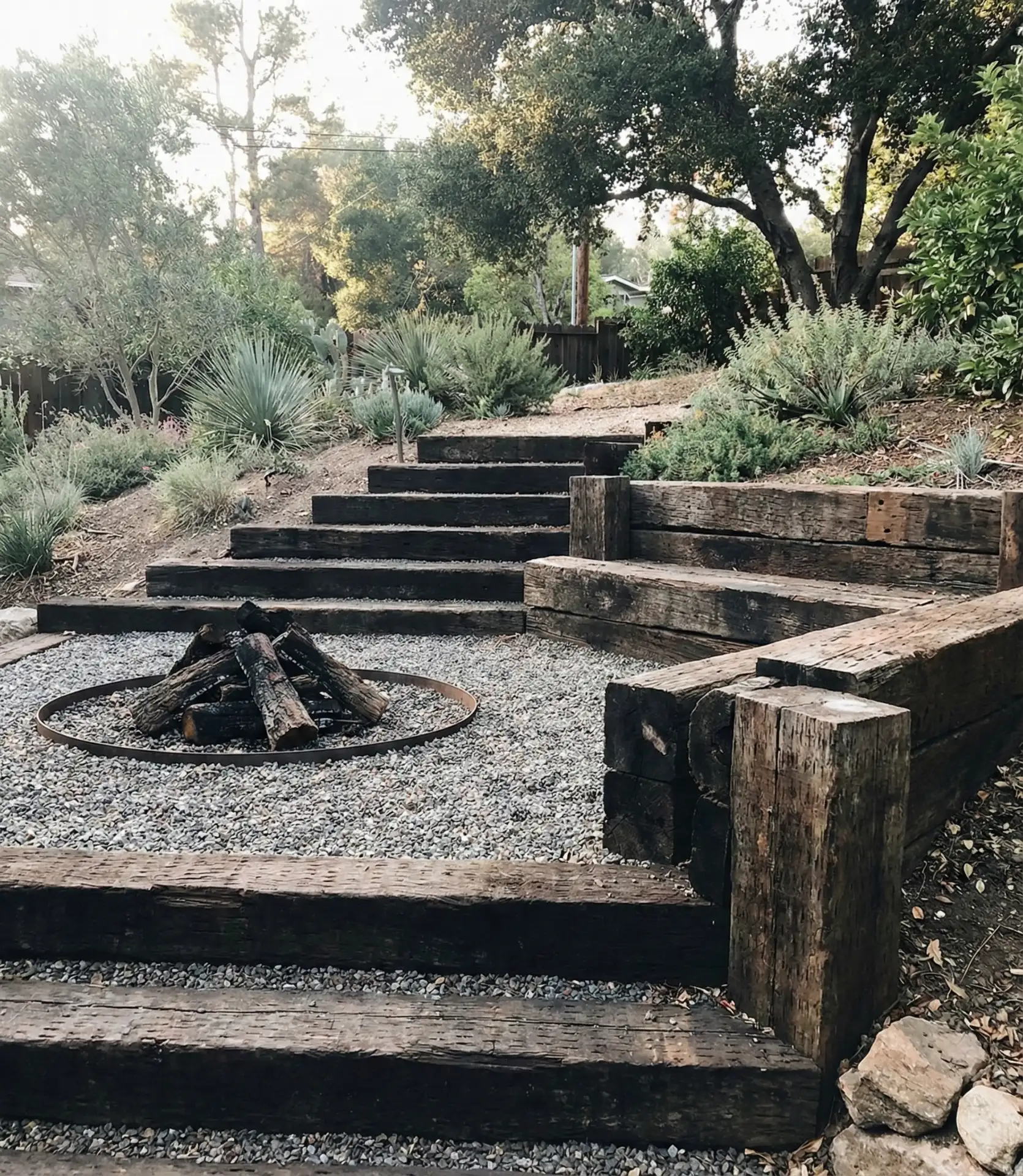 Fire Pit with Reclaimed Railroad Tie Borders 2