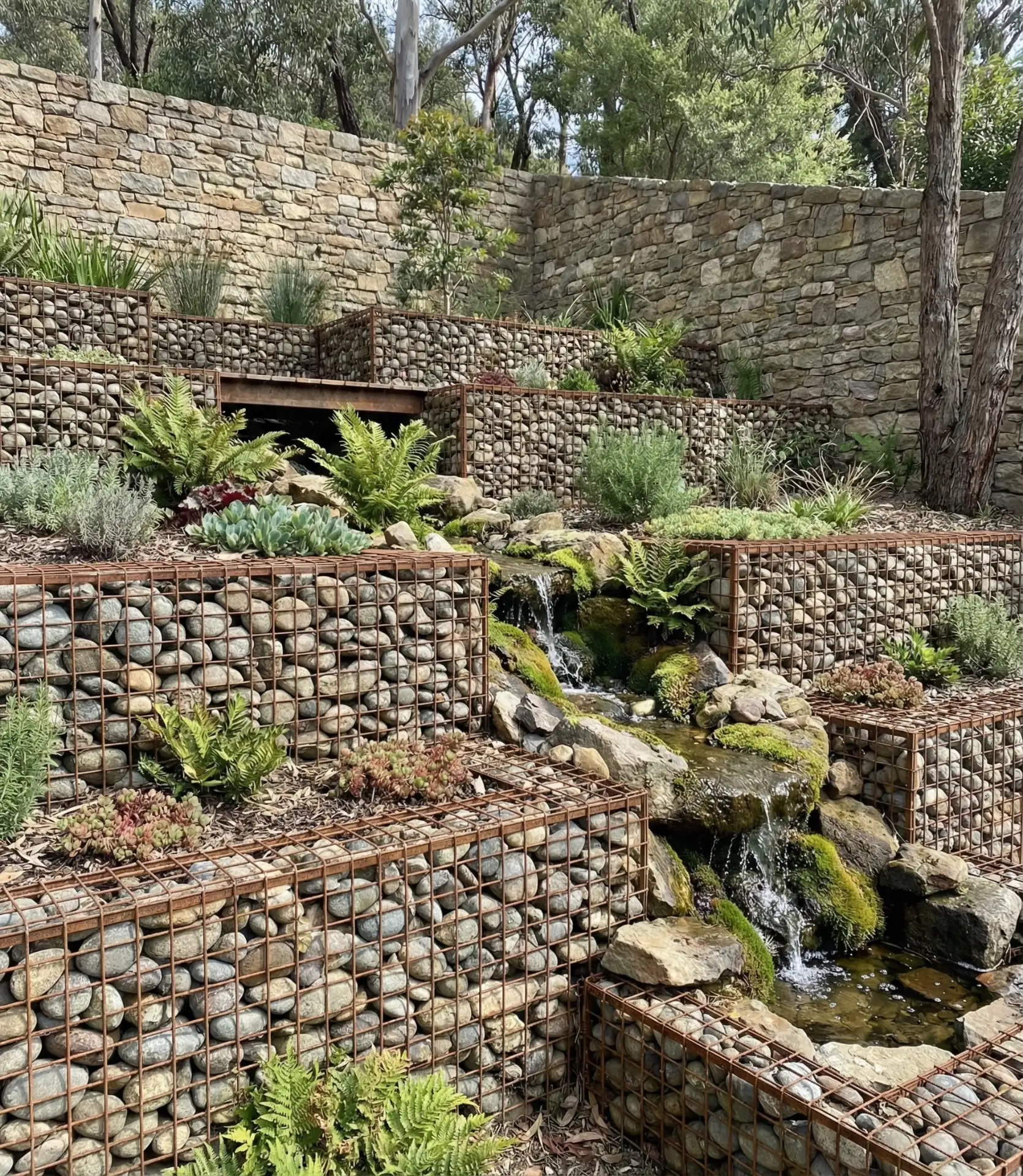 Gabion Wall Planters with Drainage Cascade 1
