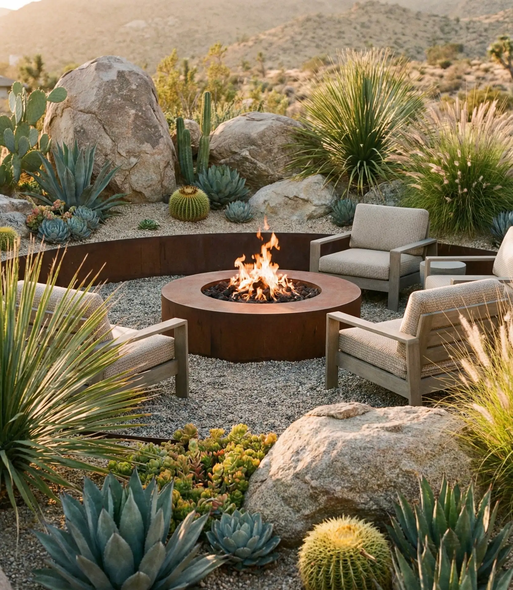 Gravel Garden Fire Pit with Drought-Tolerant Plants 1