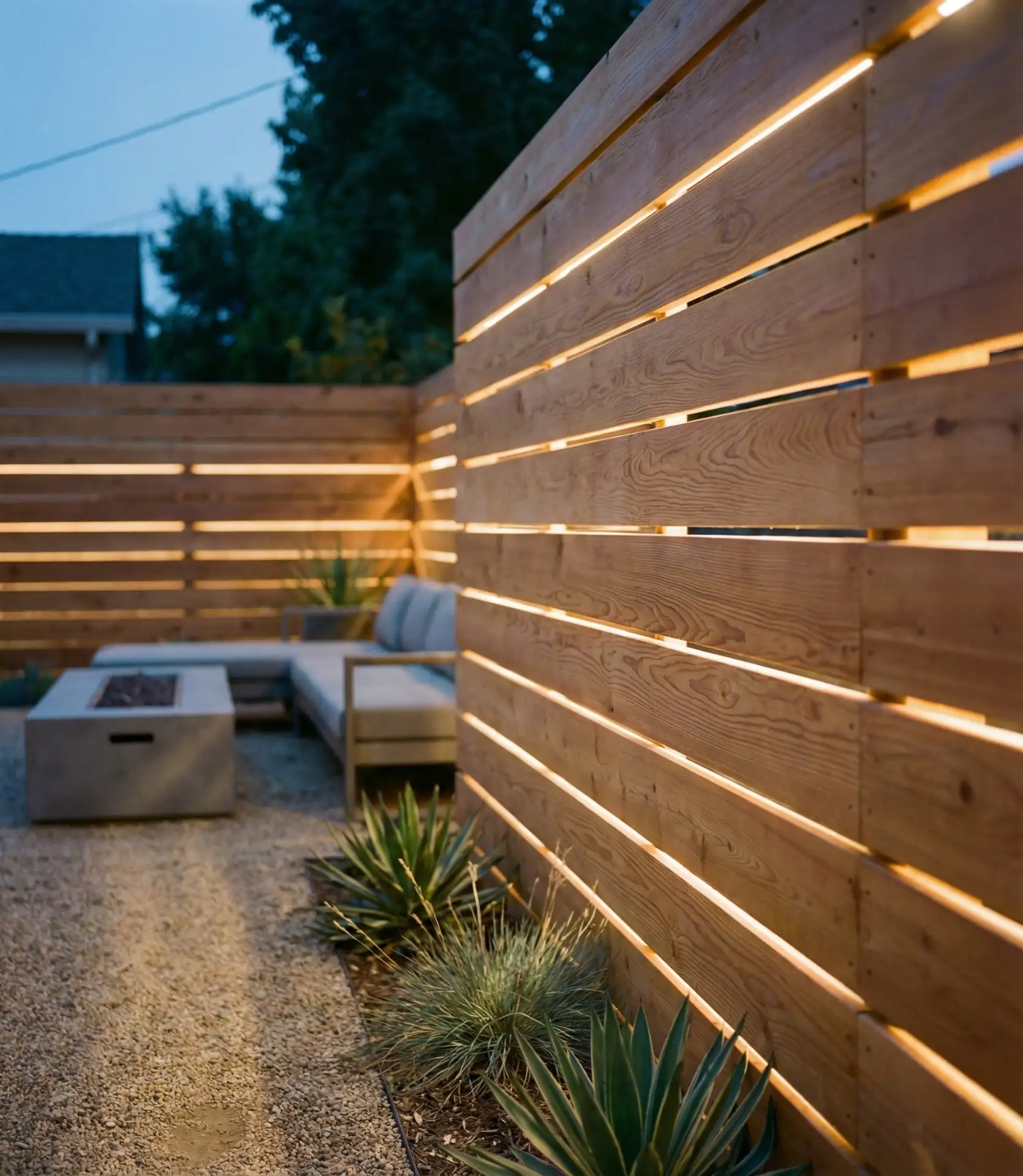 Horizontal Slat Fence with Integrated Lighting 1