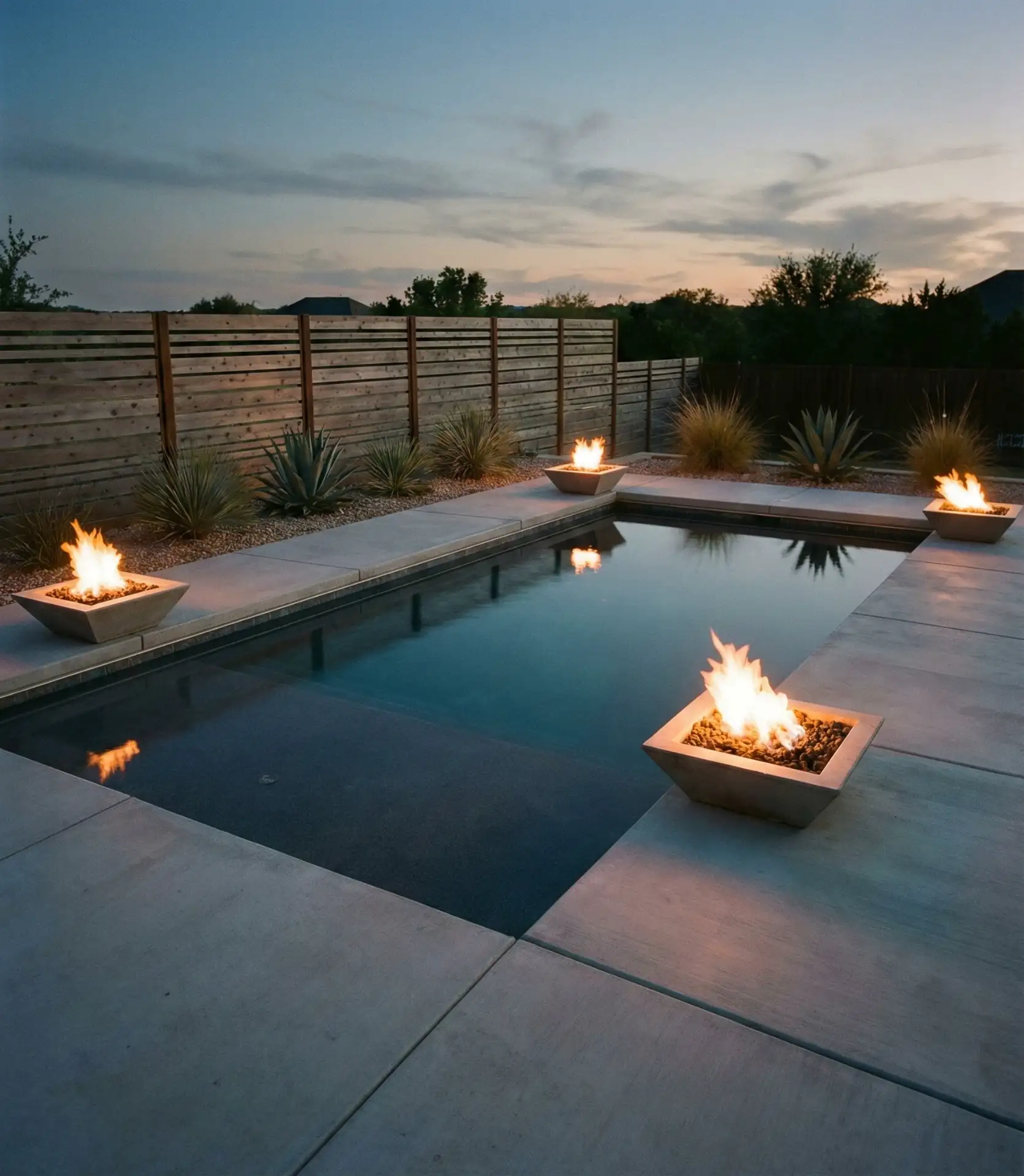 Modern Geometric Pool with Fire Features 1
