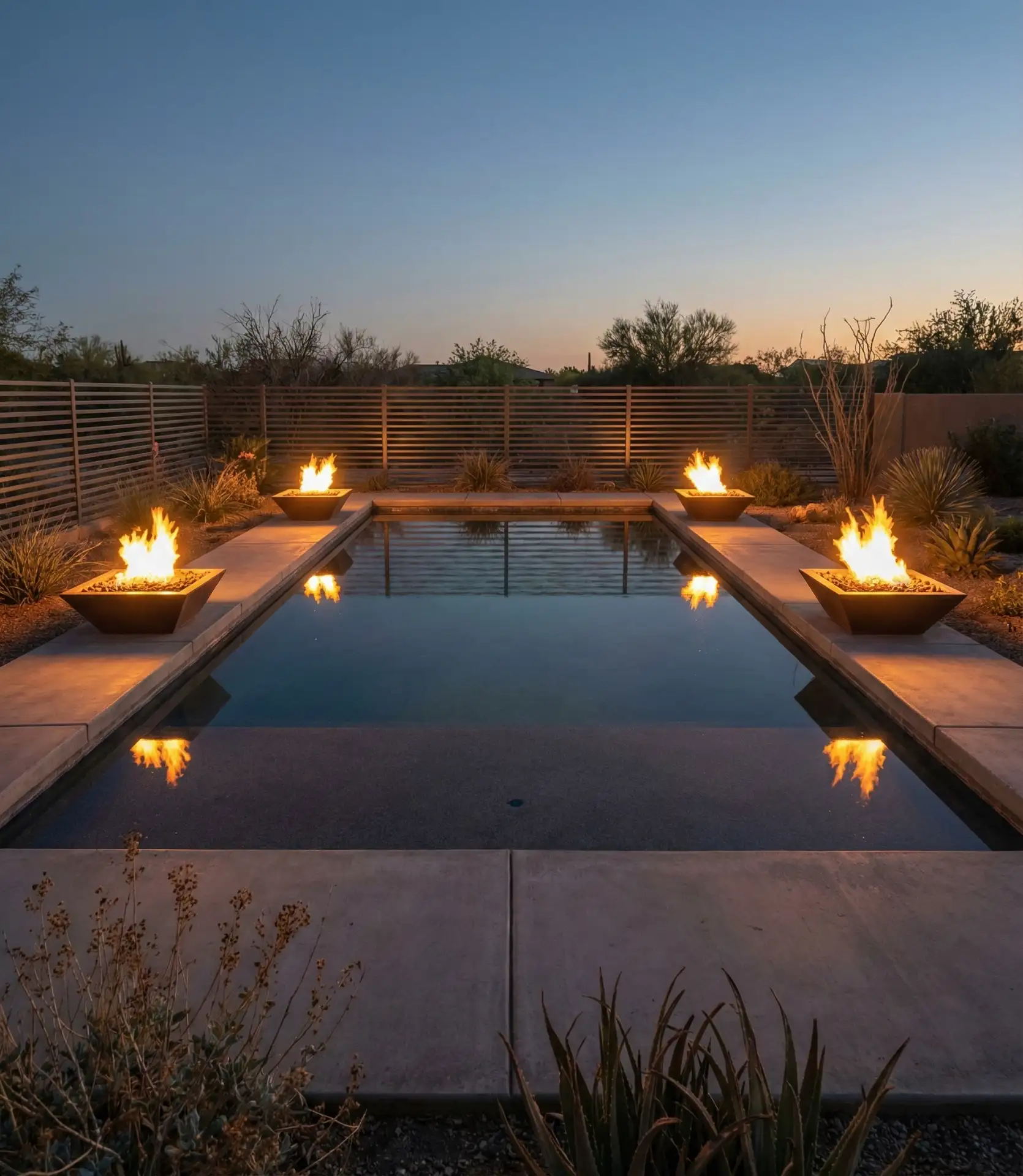 Modern Geometric Pool with Fire Features 2