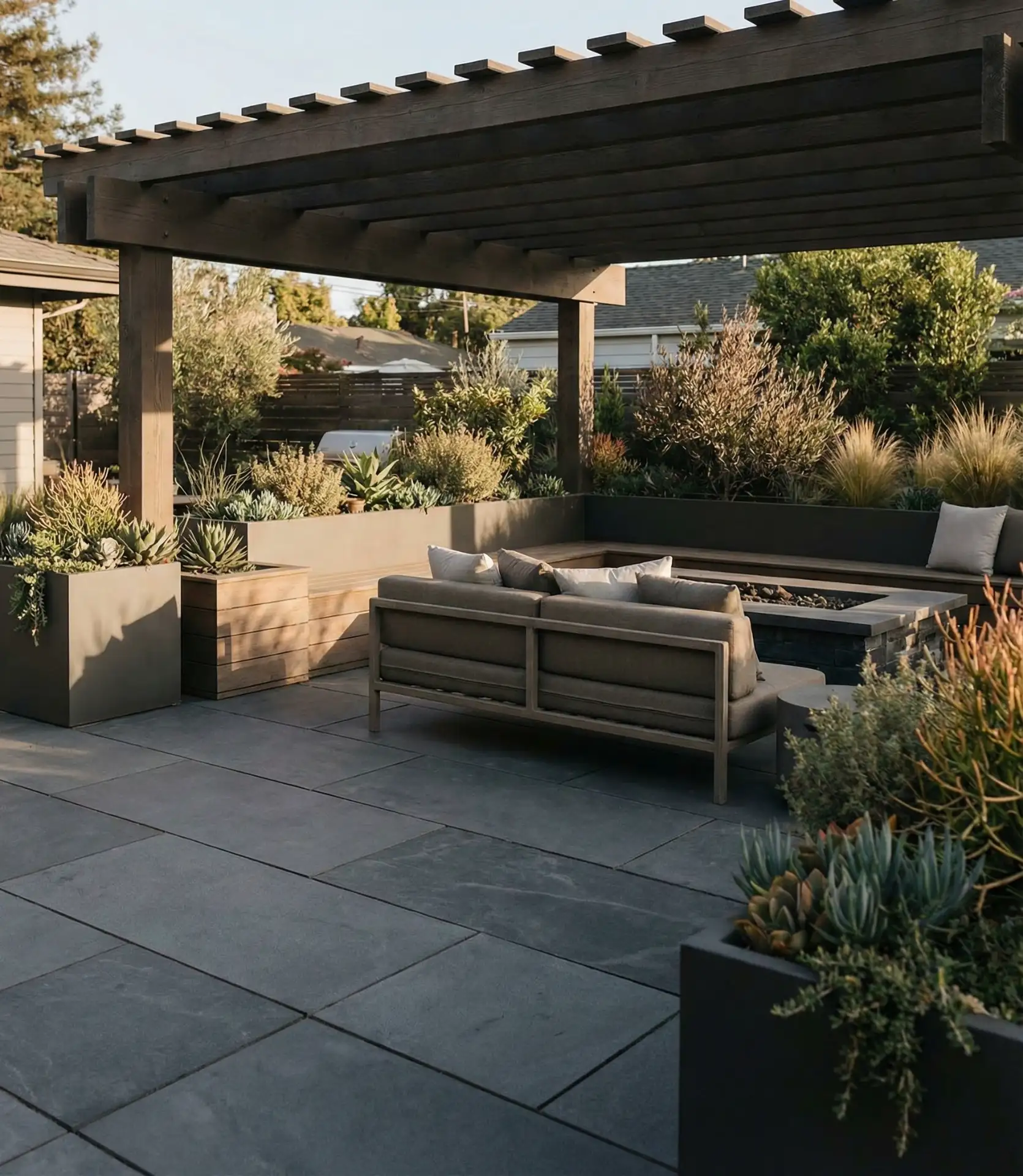 Modern Large Format Pavers with Pergola Integration 1