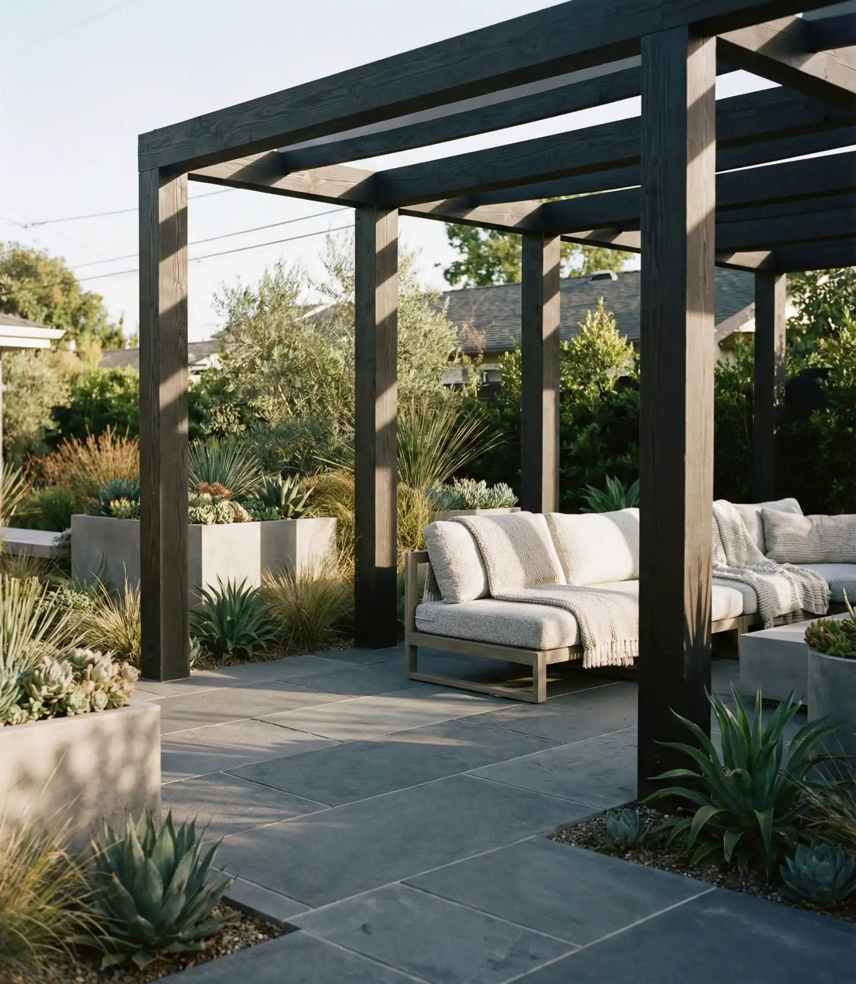 Modern Large Format Pavers with Pergola Integration 2