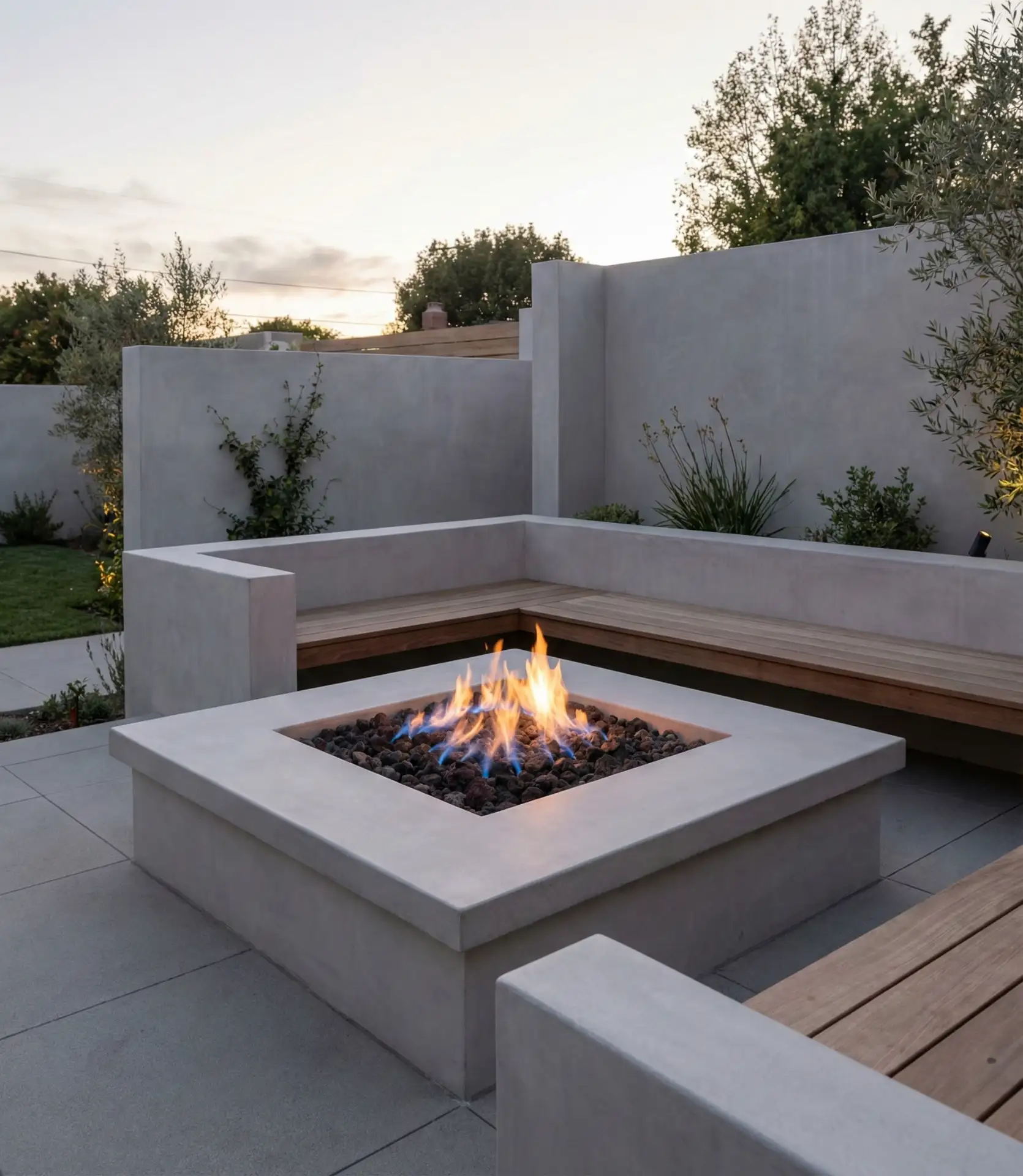 Modern Square Fire Feature with Built-In Seating 1