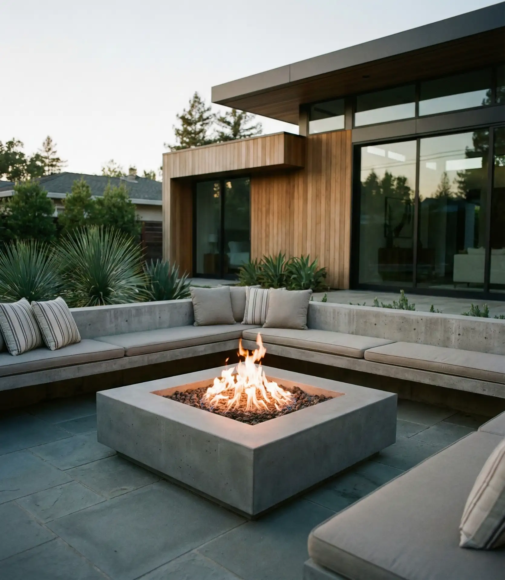 Modern Square Fire Feature with Built-In Seating 2