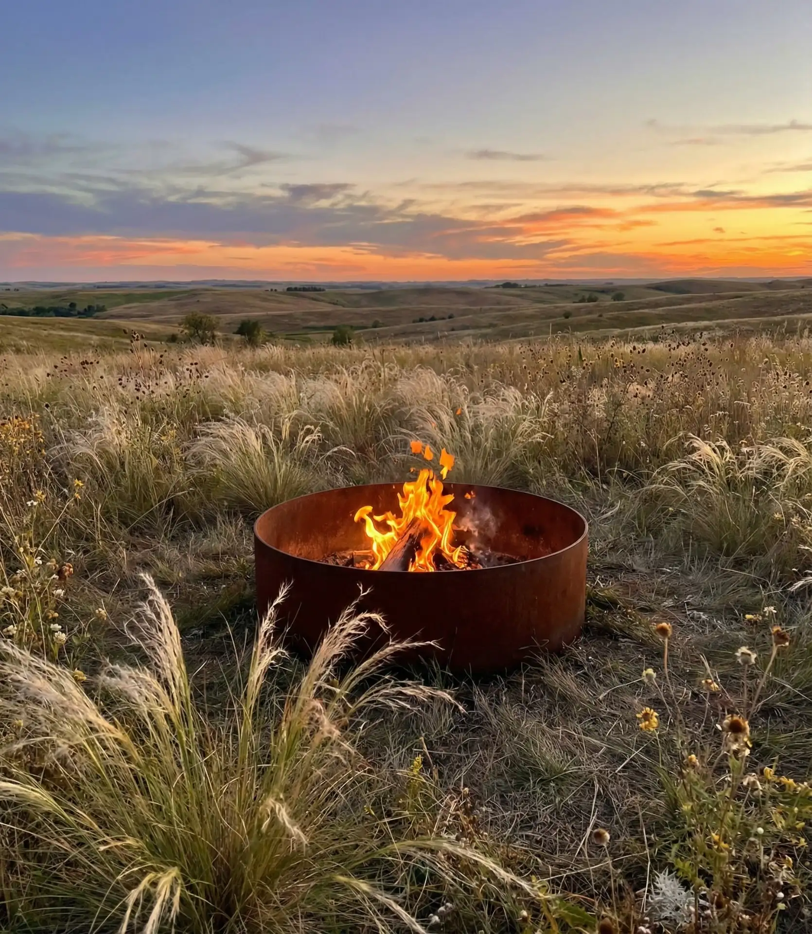 Modern Steel Ring Fire Pit in Wild Grass 2