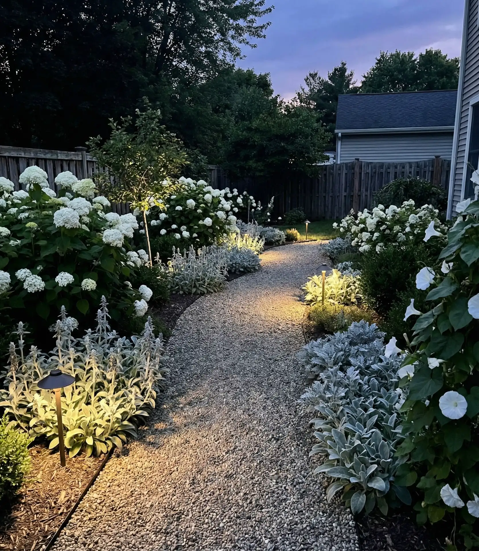 Moon Garden with White Flowering Plants and Path Lighting 1