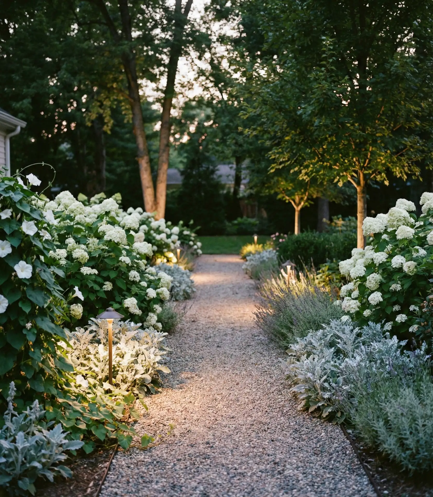 Moon Garden with White Flowering Plants and Path Lighting 2