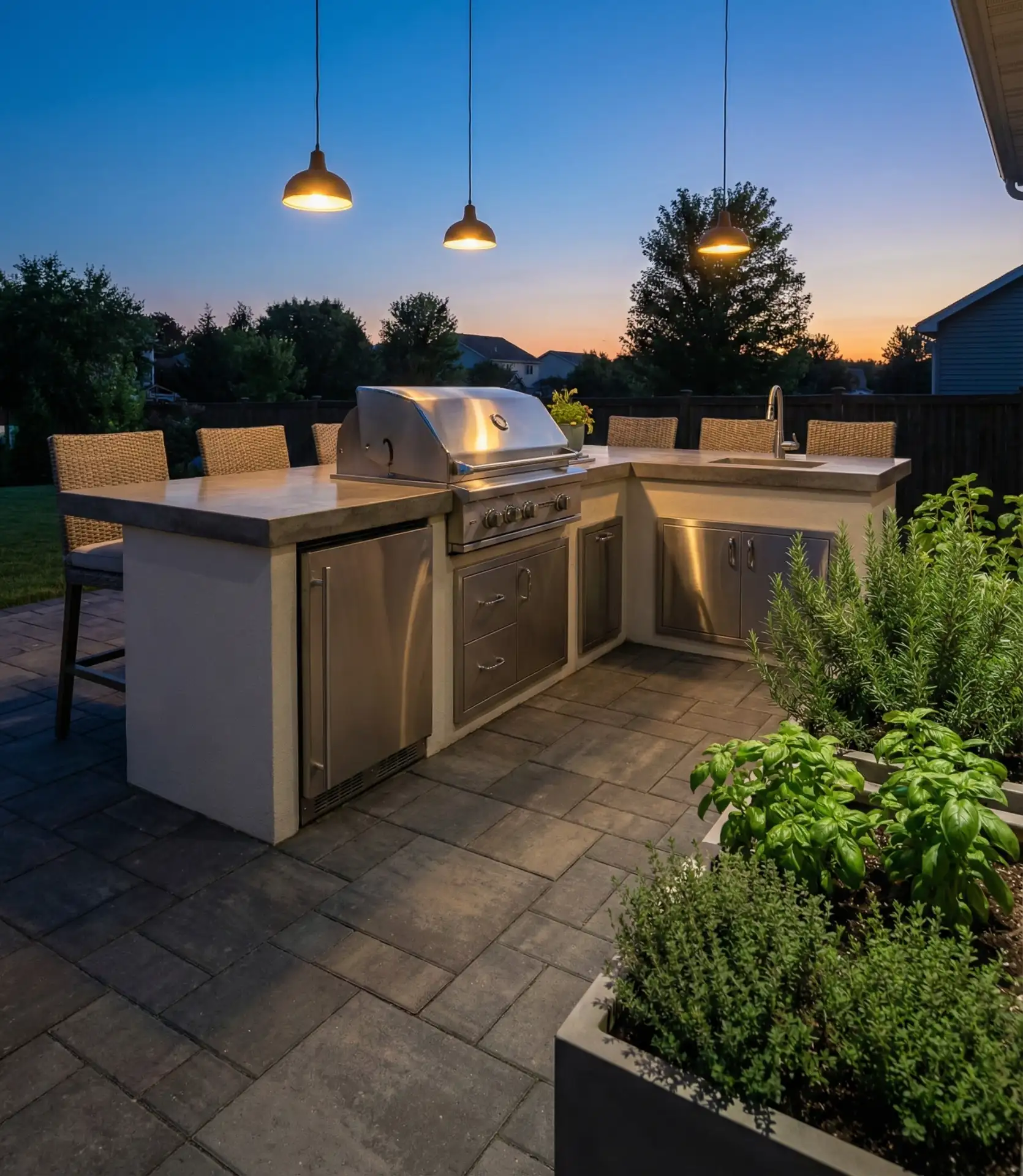 Paver Patio with Outdoor Kitchen and Cement Countertops 1