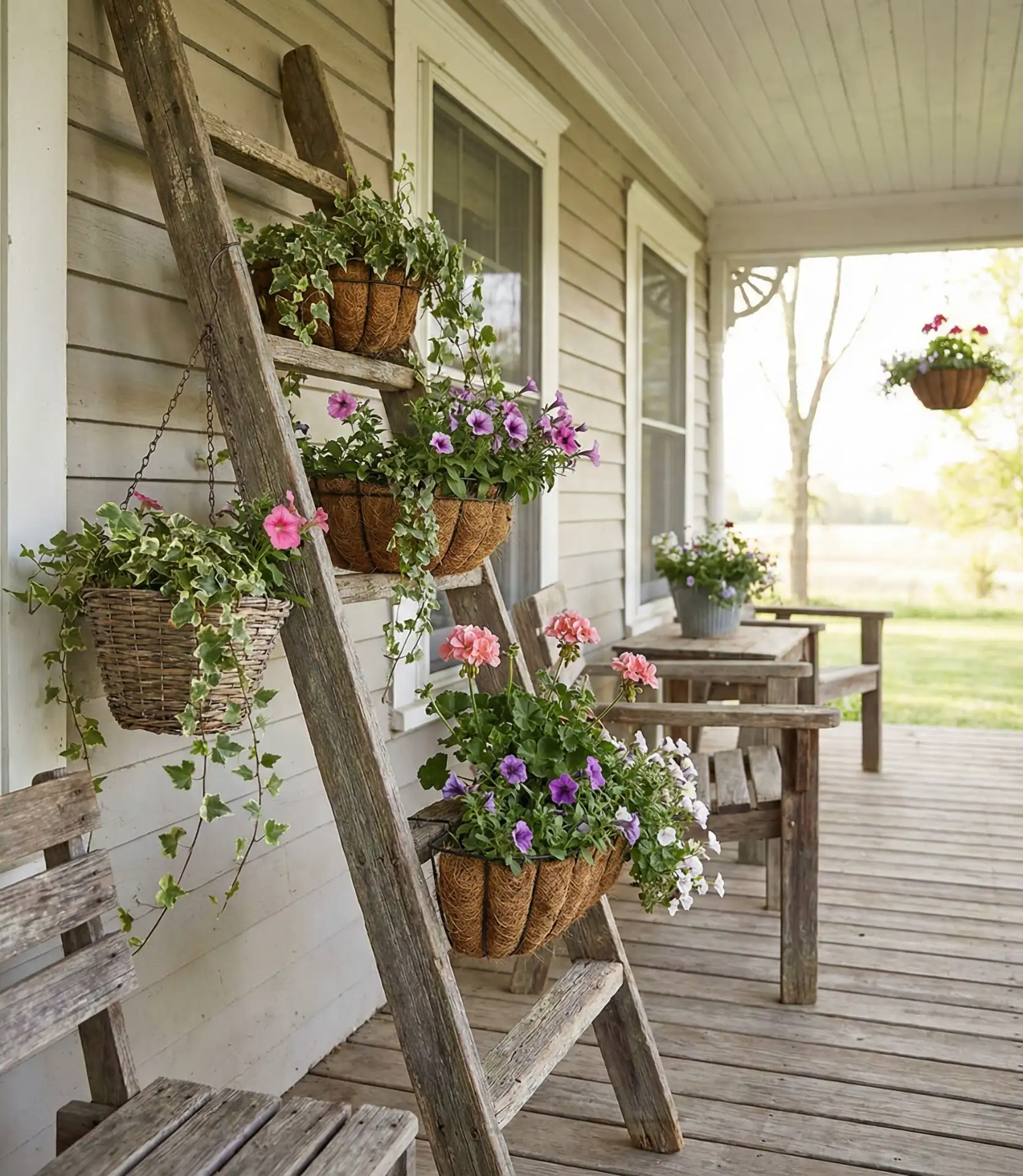 Primitive Ladder Display with Hanging Baskets 1