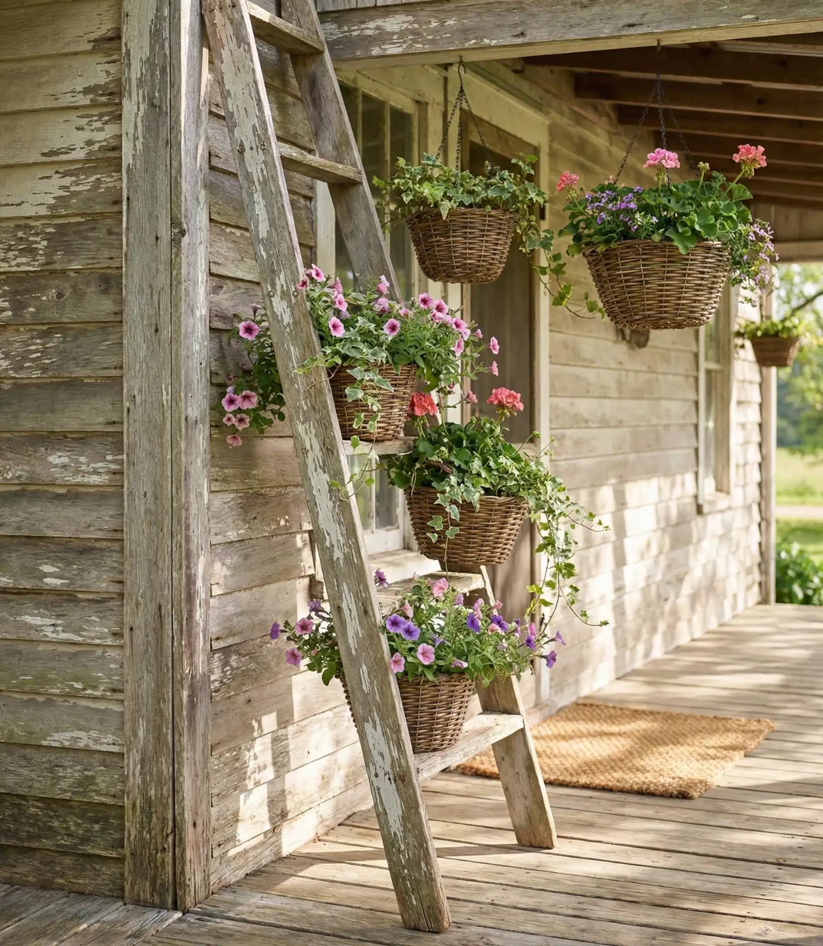 Primitive Ladder Display with Hanging Baskets 2
