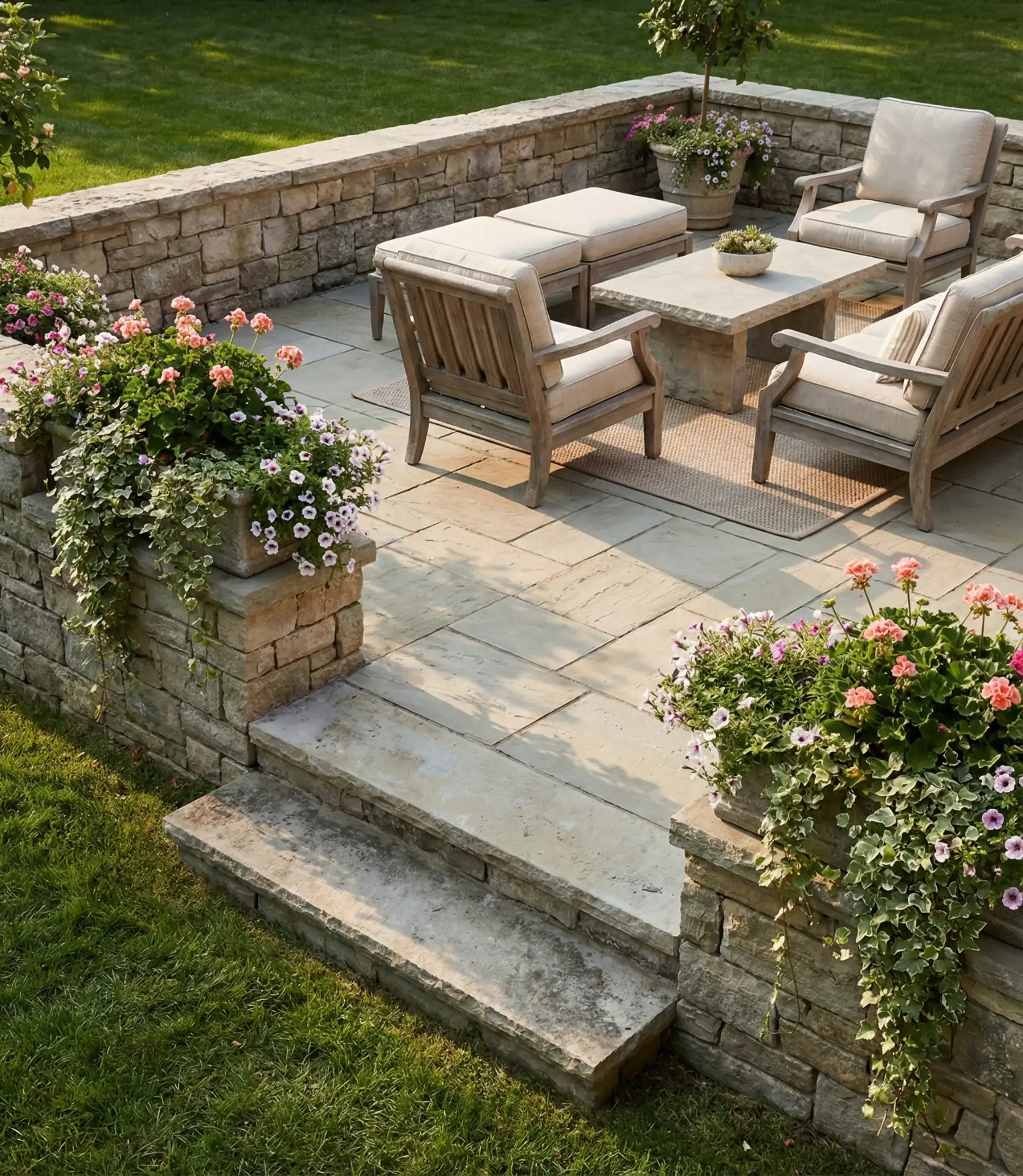 Raised Stone Paver Patio with Integrated Planters 1