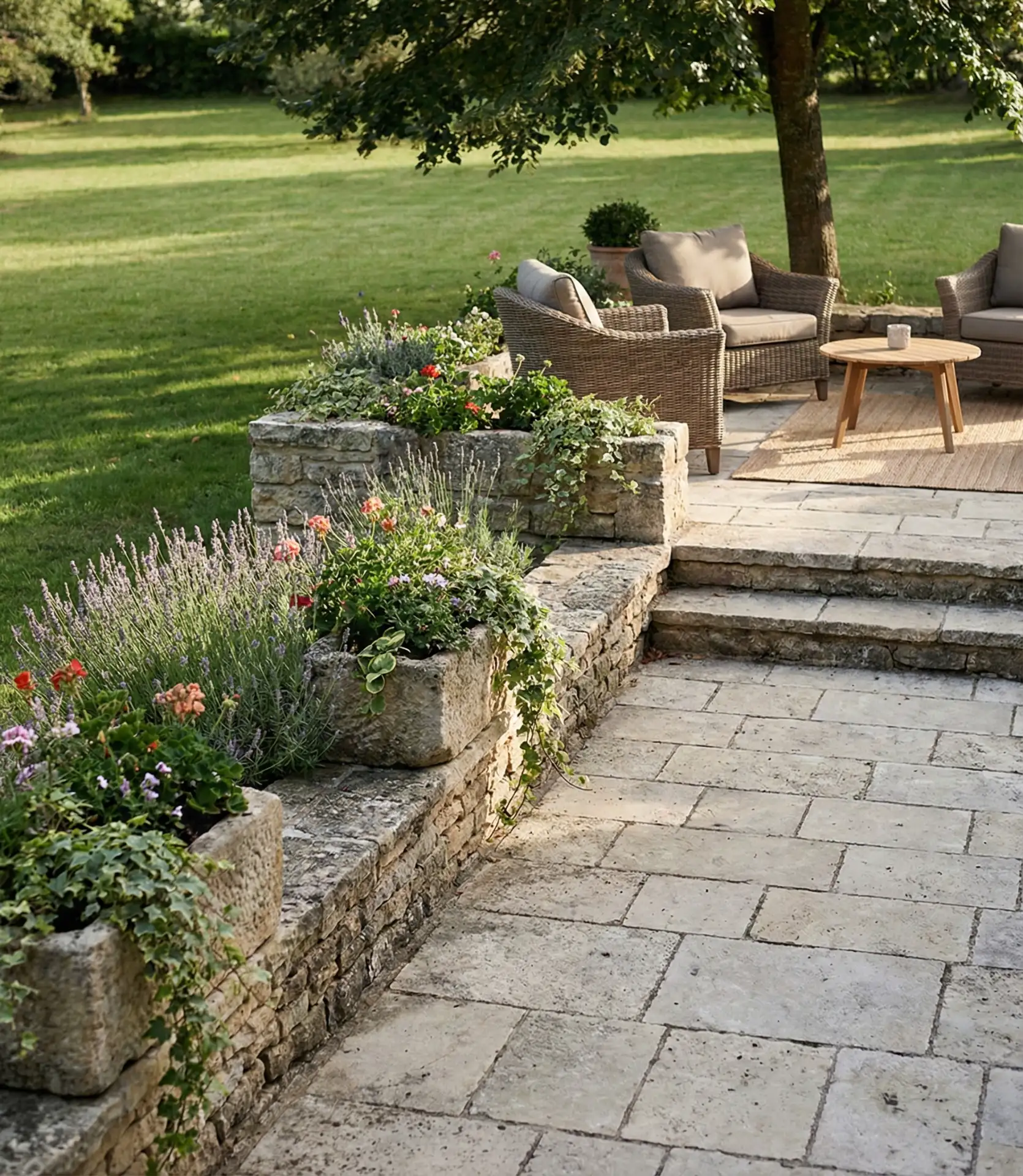 Raised Stone Paver Patio with Integrated Planters 2