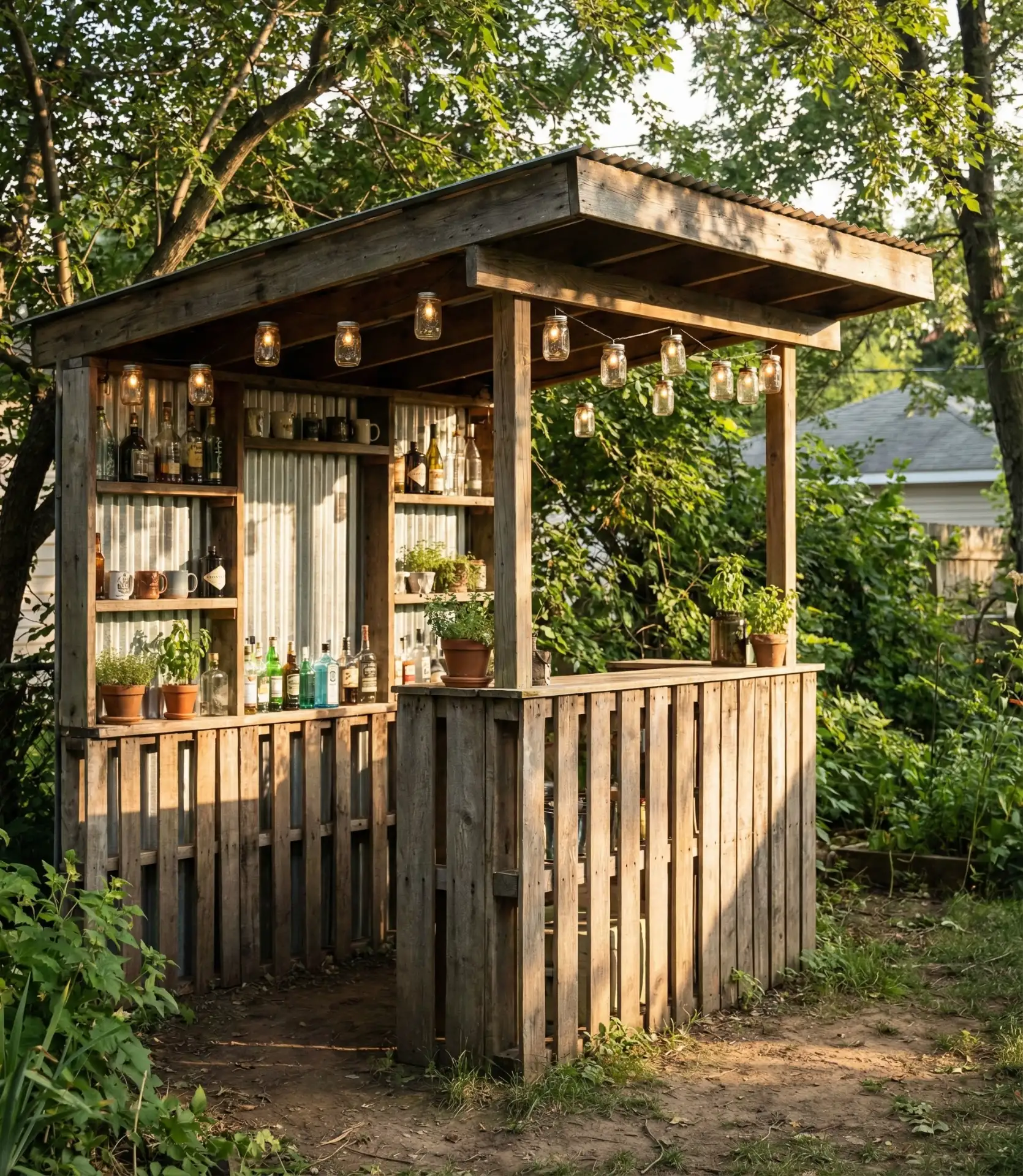 Rustic Pallet Bar with Corrugated Metal Accents 1