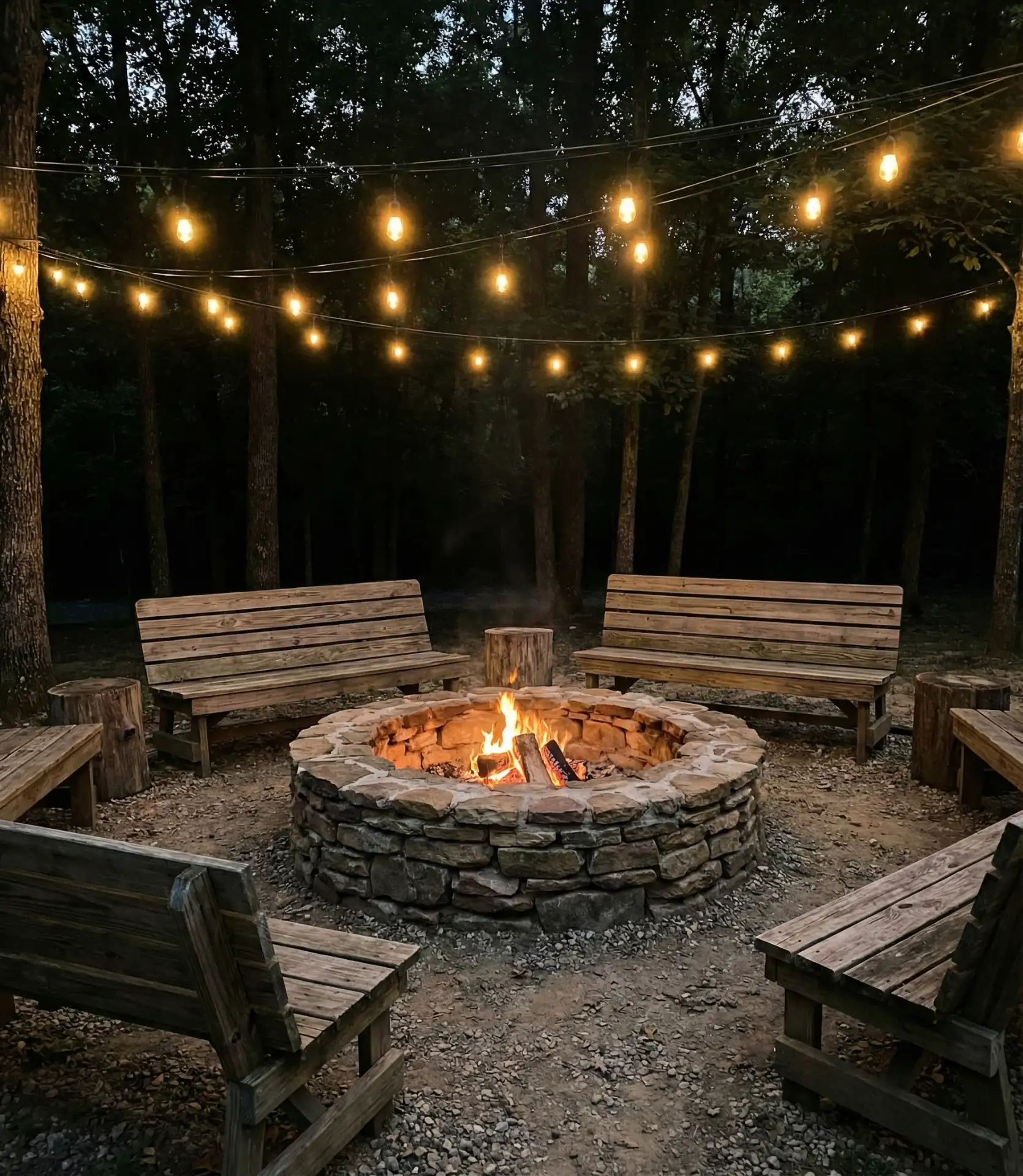 Rustic Stone Circle with Overhead String Lights 1