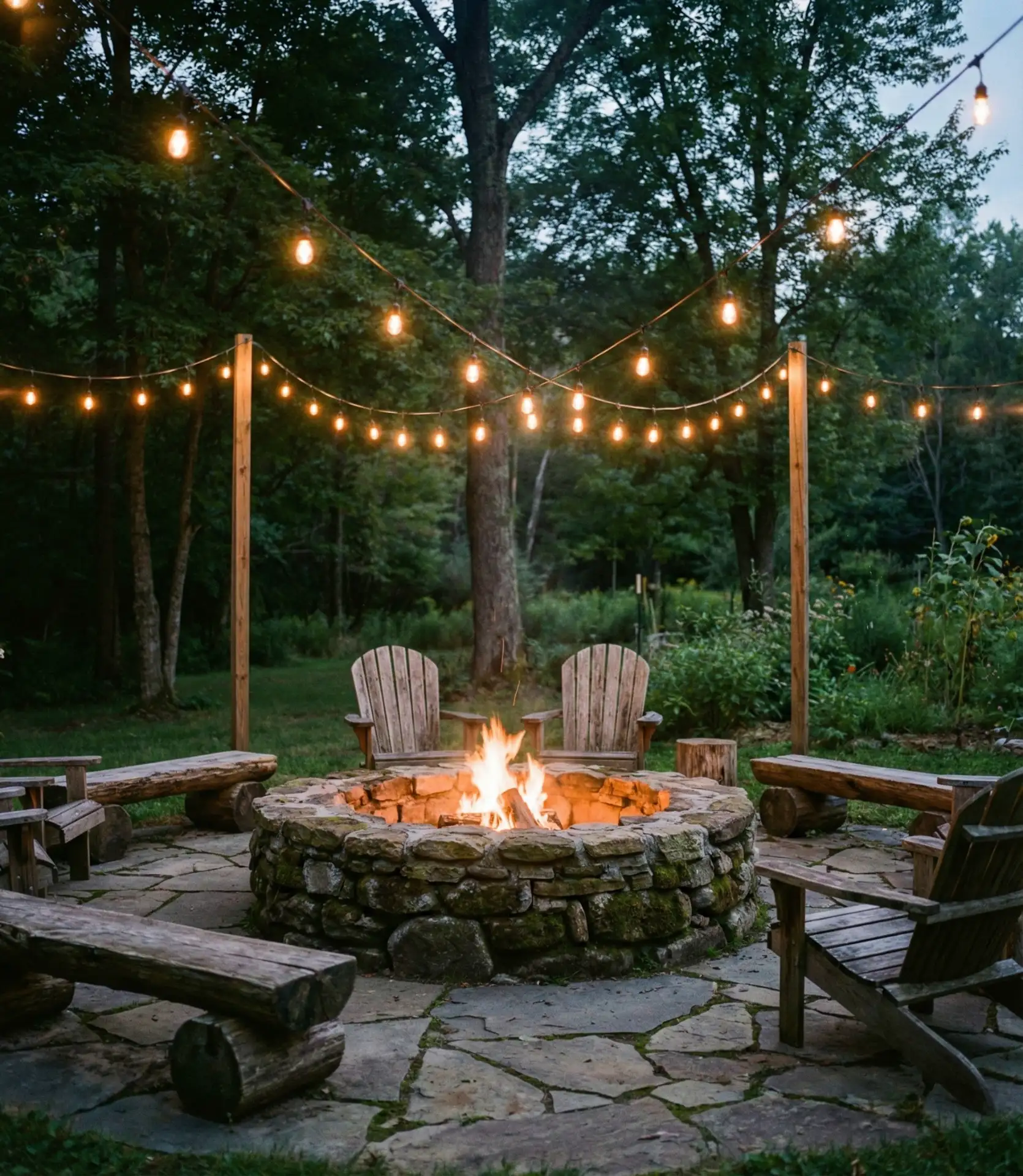 Rustic Stone Circle with Overhead String Lights 2