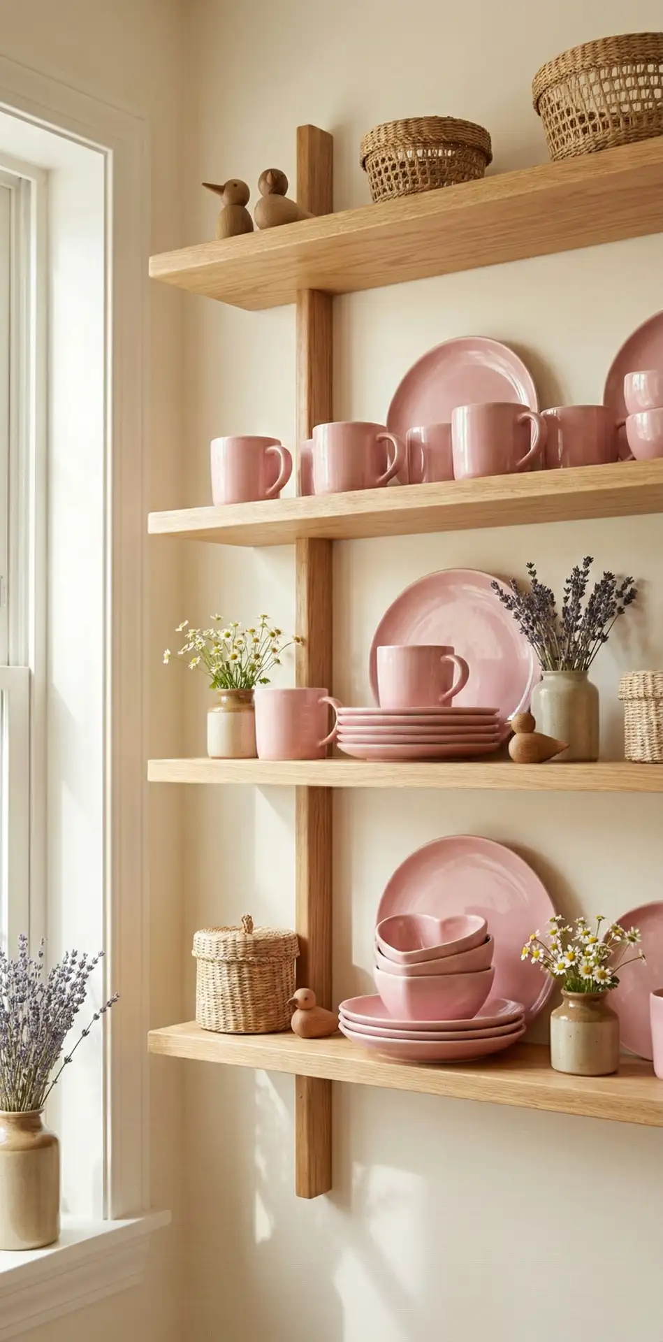 Soft Pink Rustic Kitchen Shelf Styling 1