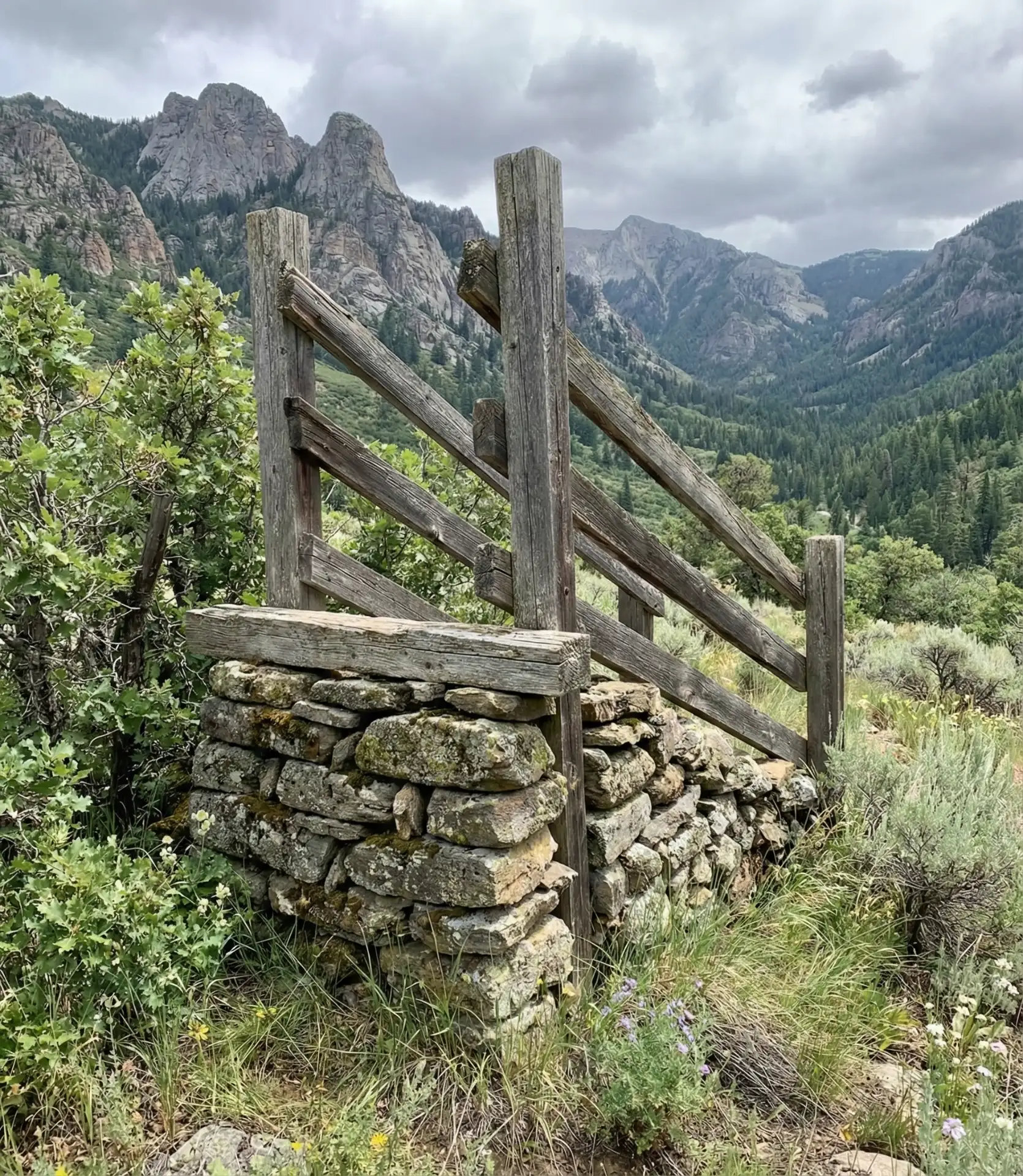 Stacked Stone Wall with Wood Top Rail 2