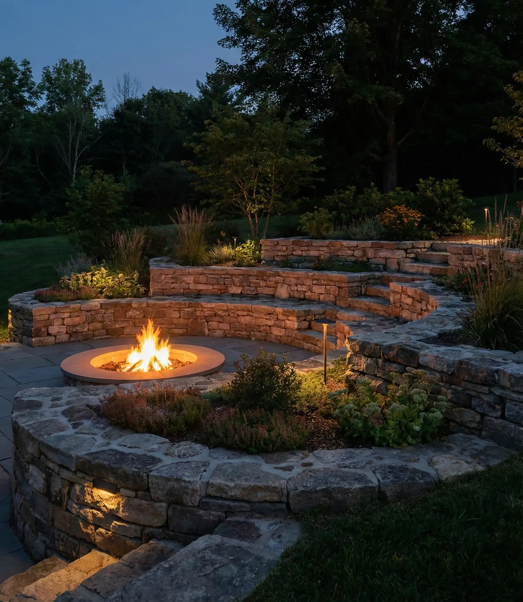 Sunken Fire Pit with Tiered Stone Seating 1